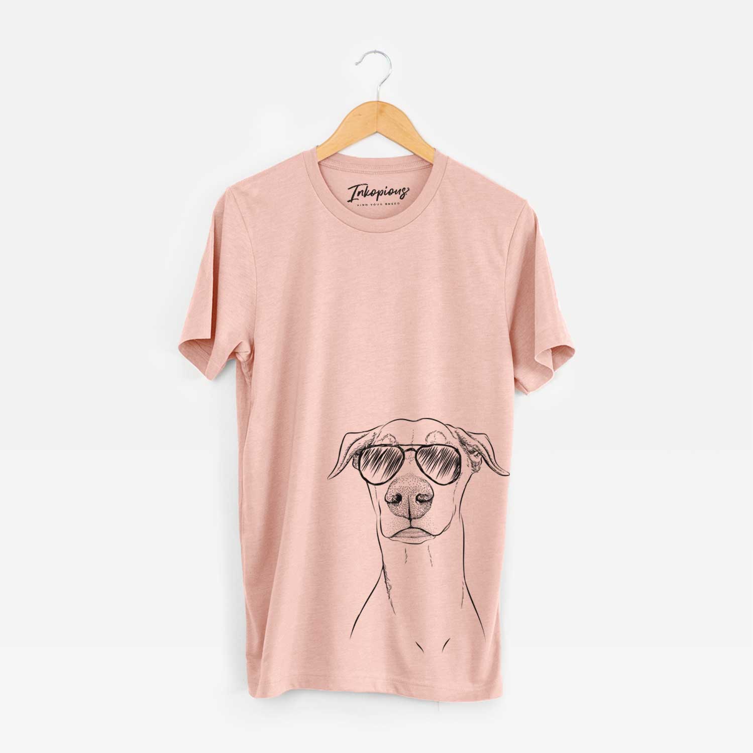Hand-drawn sketch of Walter the White Doberman Rescue wearing aviator sunglasses on a Peach Unisex crewneck