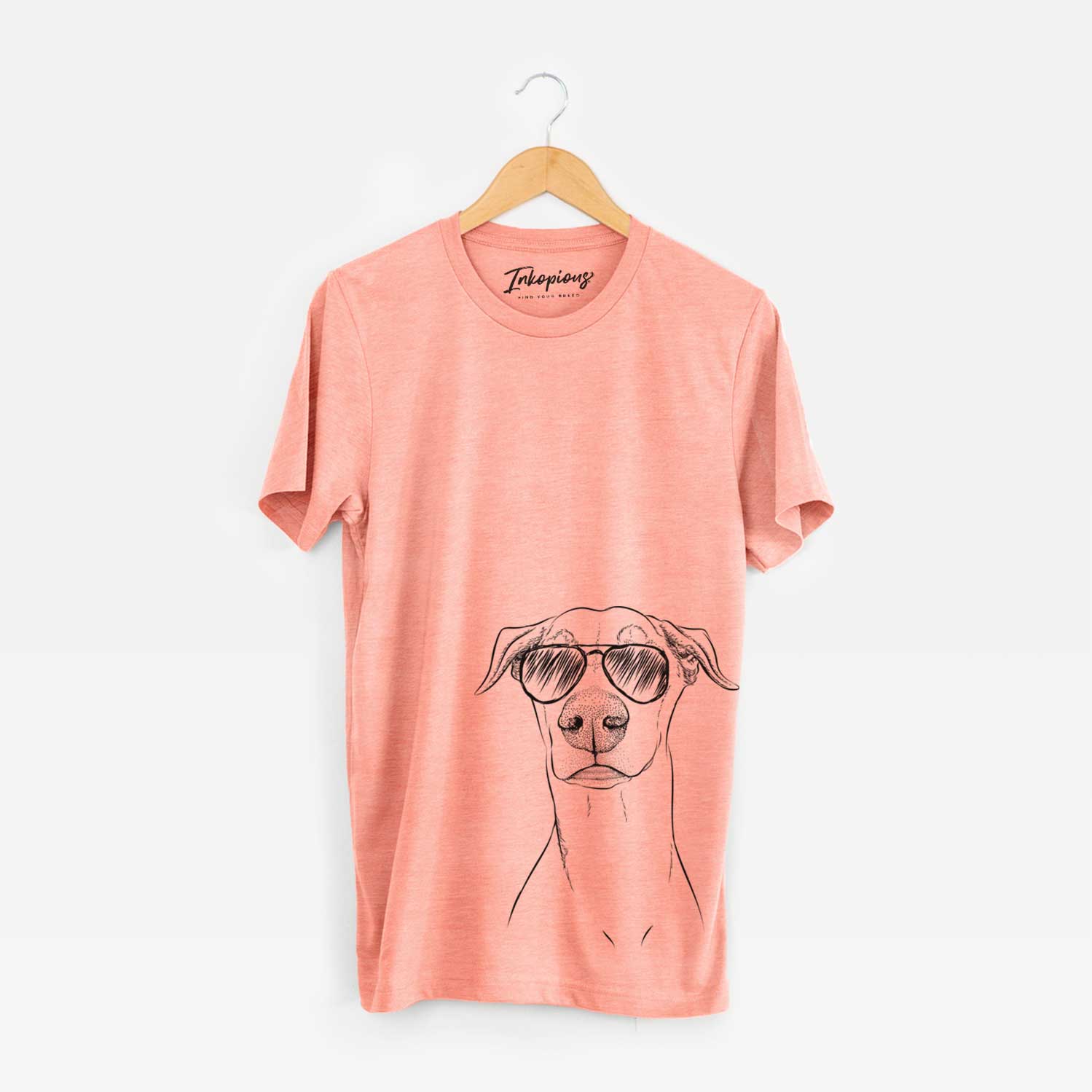 Hand-drawn sketch of Walter the White Doberman Rescue wearing aviator sunglasses on a Sunset Unisex crewneck