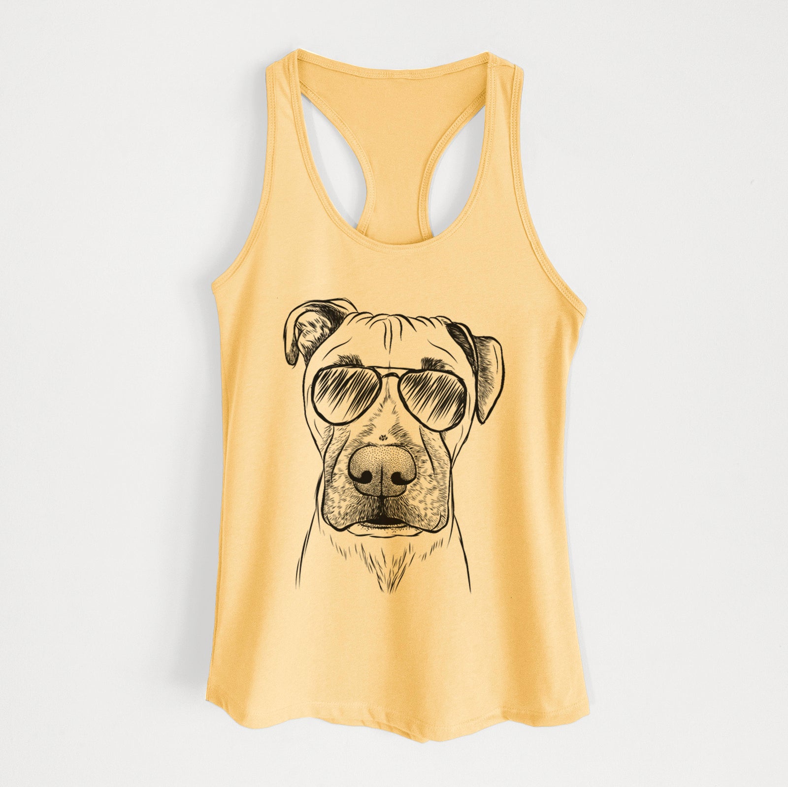 Hand-drawn sketch of Waylon the Boxane wearing aviator sunglasses on a Banana Cream Women's racerback tanktop