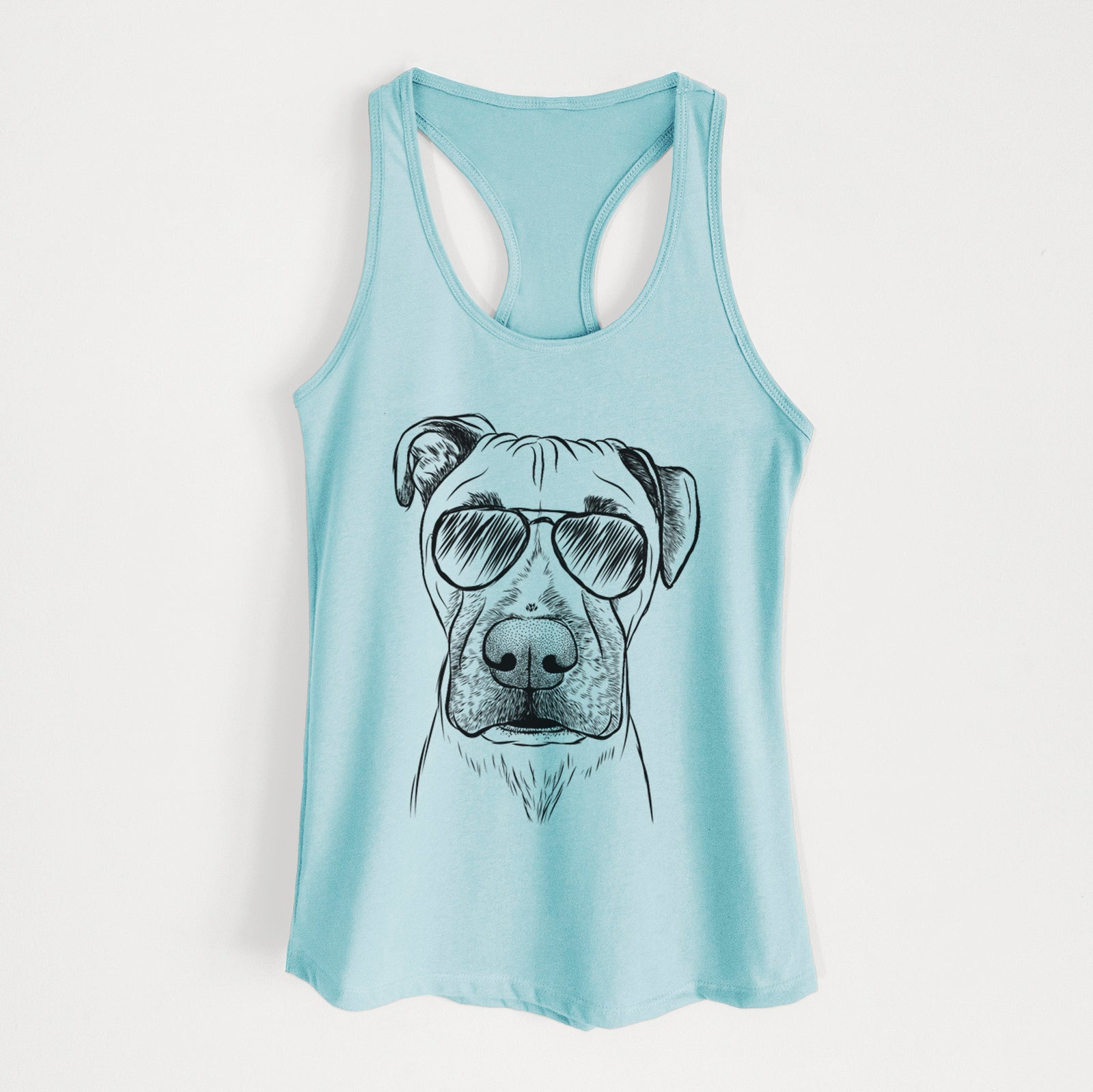 Hand-drawn sketch of Waylon the Boxane wearing aviator sunglasses on a Cancun Blue Women's racerback tanktop