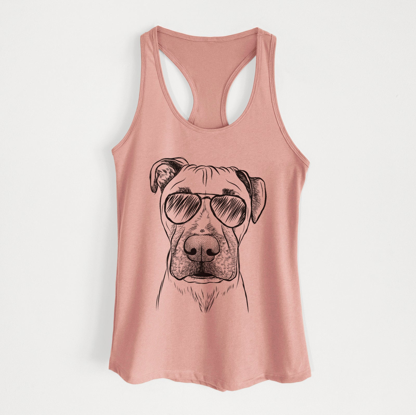 Hand-drawn sketch of Waylon the Boxane wearing aviator sunglasses on a Desert Pink Women's racerback tanktop