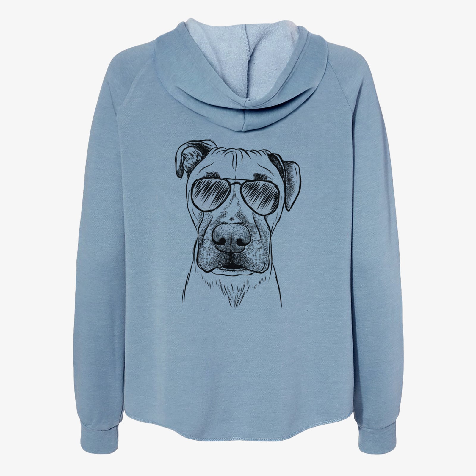 Hand-drawn sketch of Waylon the Boxane wearing aviator sunglasses on a Misty Blue Women's cali wave zip-up sweatshirt