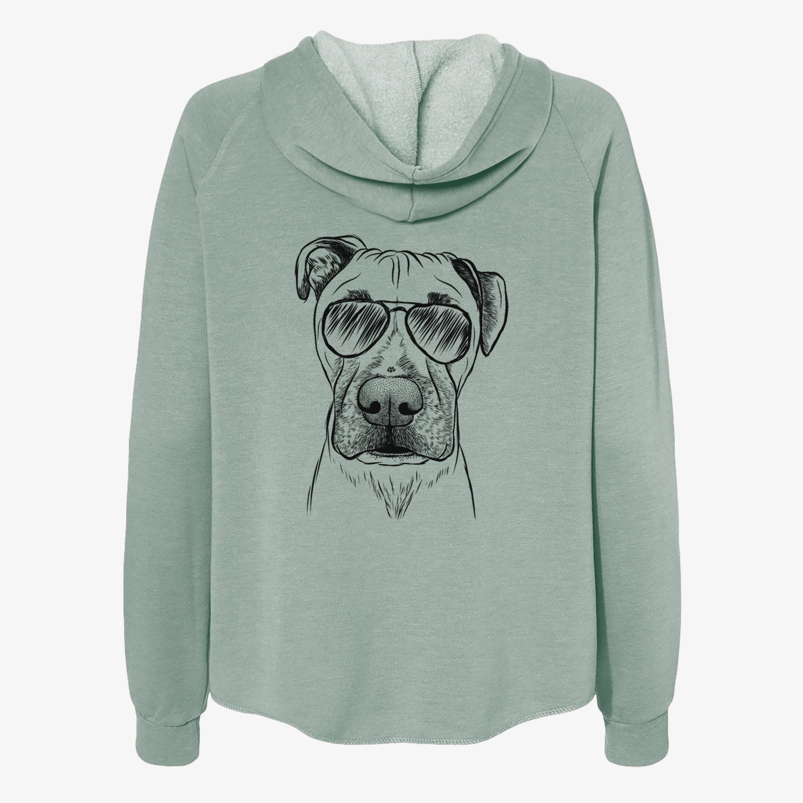 Hand-drawn sketch of Waylon the Boxane wearing aviator sunglasses on a Sage Women's cali wave zip-up sweatshirt