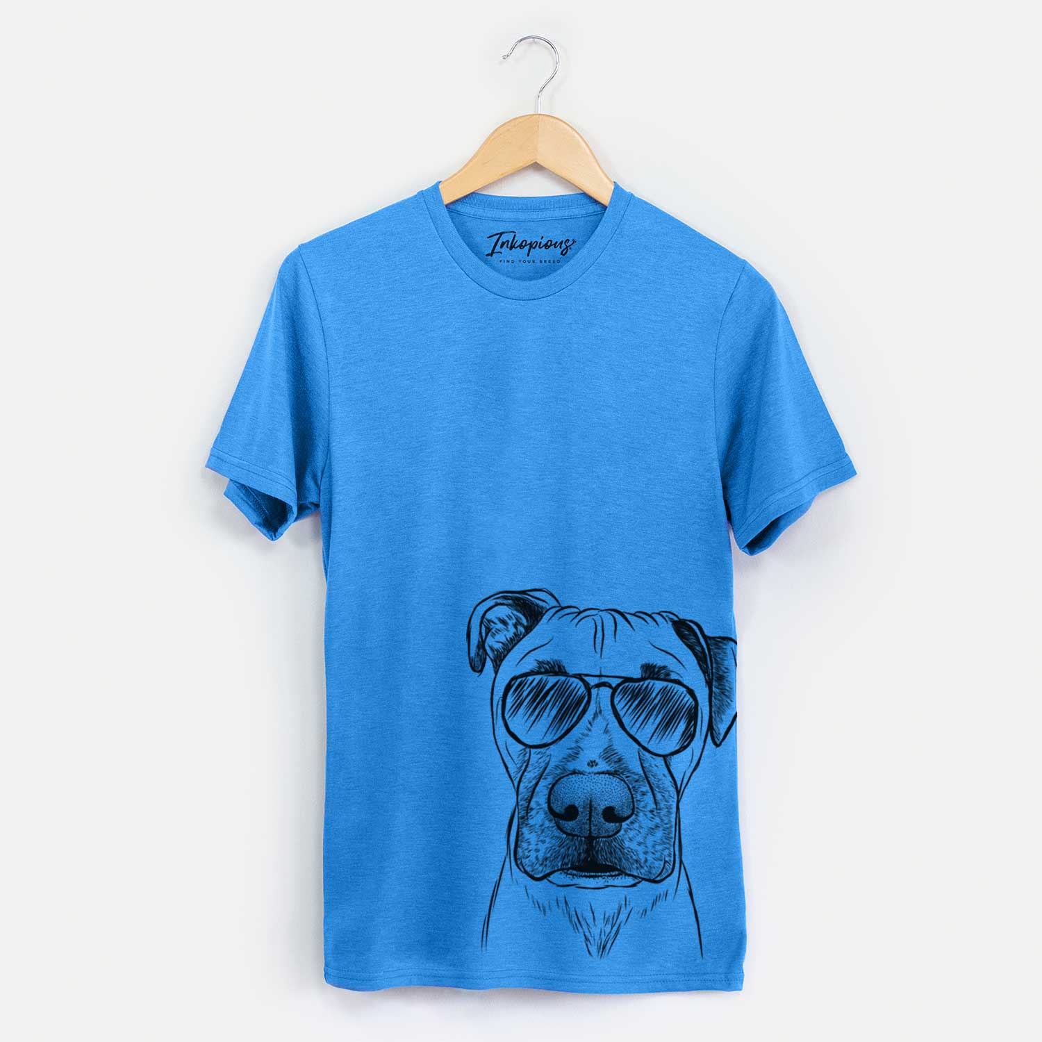 Hand-drawn sketch of Waylon the Boxane wearing aviator sunglasses on a Blue Unisex crewneck