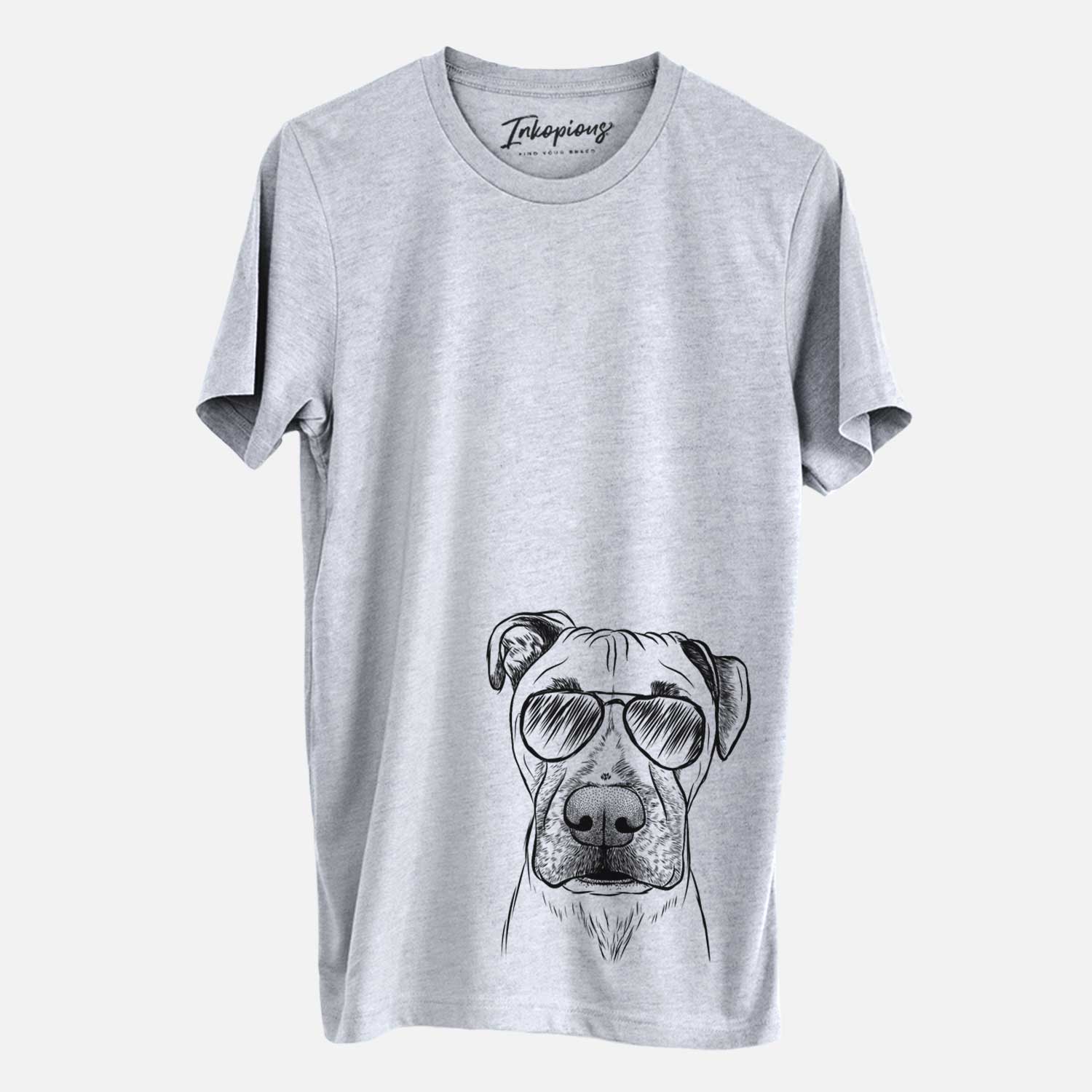 Hand-drawn sketch of Waylon the Boxane wearing aviator sunglasses on a Grey Unisex crewneck