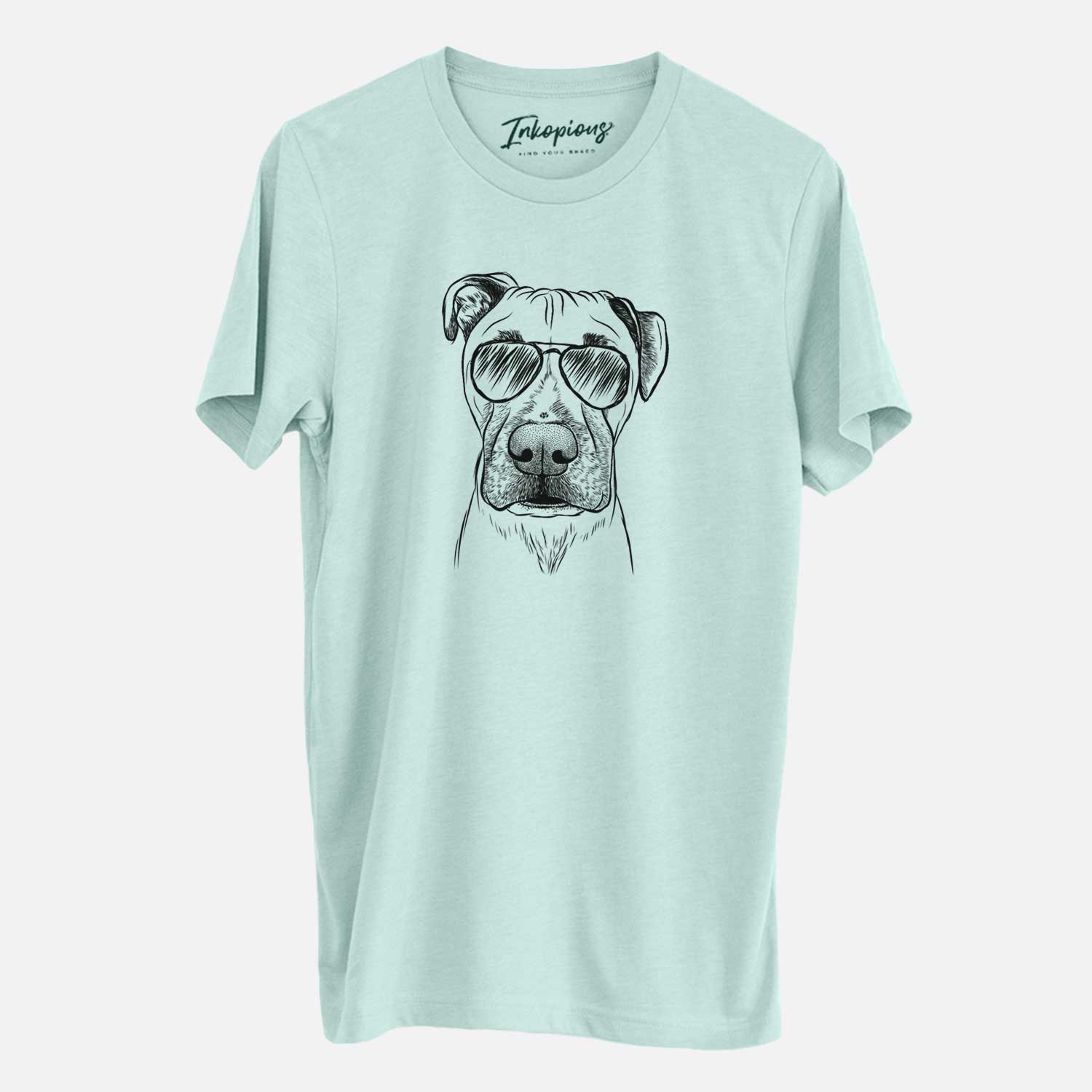 Hand-drawn sketch of Waylon the Boxane wearing aviator sunglasses on a Heather Sage Unisex crewneck