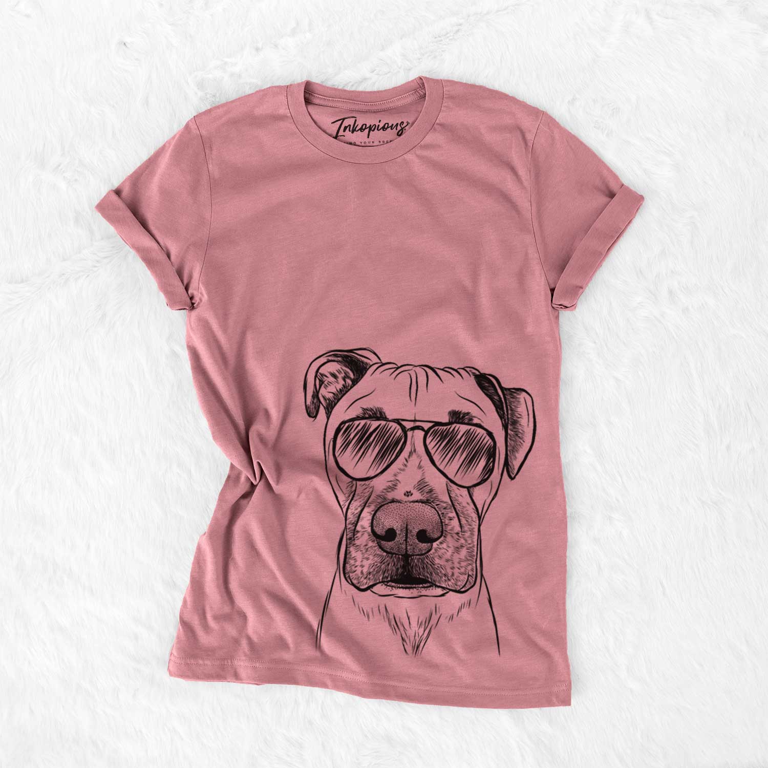 Hand-drawn sketch of Waylon the Boxane wearing aviator sunglasses on a Mauve Unisex crewneck