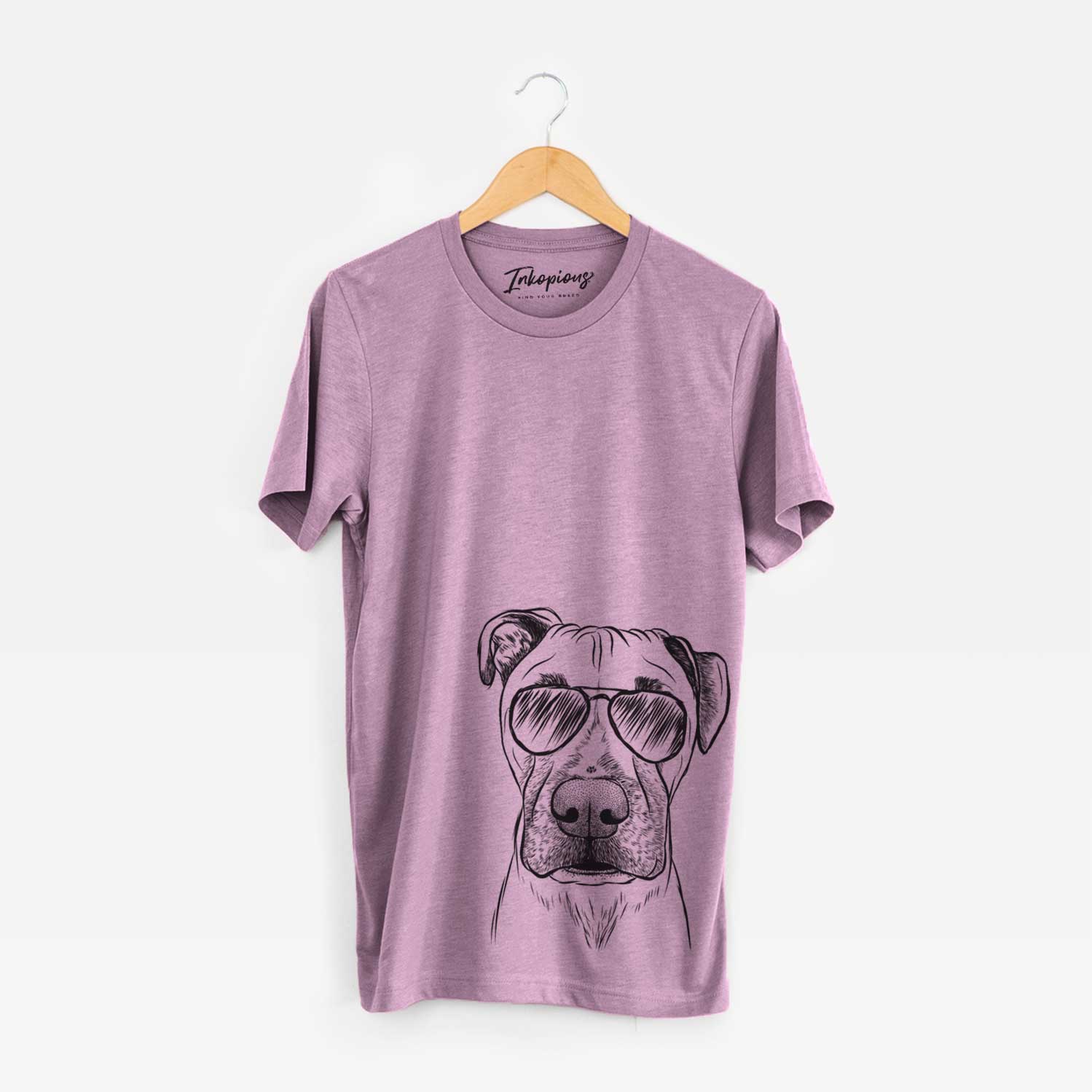Hand-drawn sketch of Waylon the Boxane wearing aviator sunglasses on an Orchid Unisex crewneck