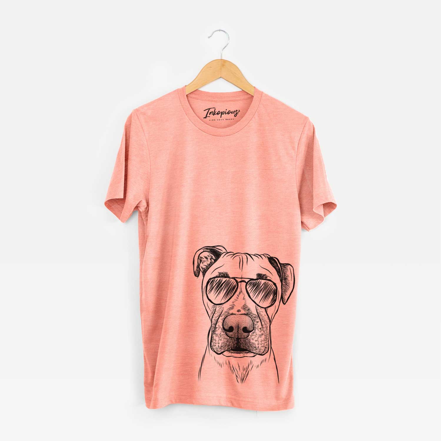 Hand-drawn sketch of Waylon the Boxane wearing aviator sunglasses on a Sunset Unisex crewneck