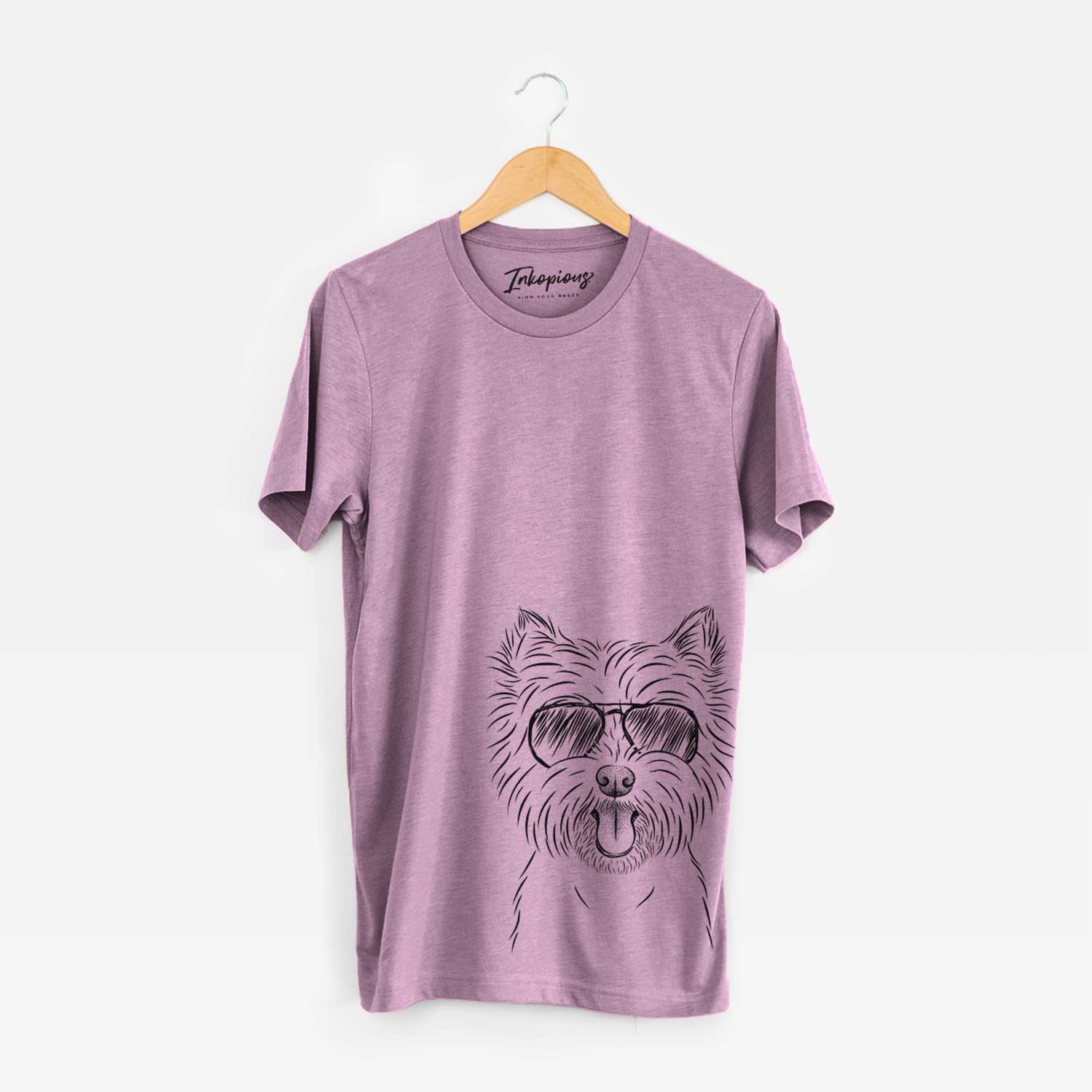 Hand-drawn sketch of Welma the West Highland Terrier wearing aviator sunglasses on an Orchid Bella Canvas Unisex Crewneck