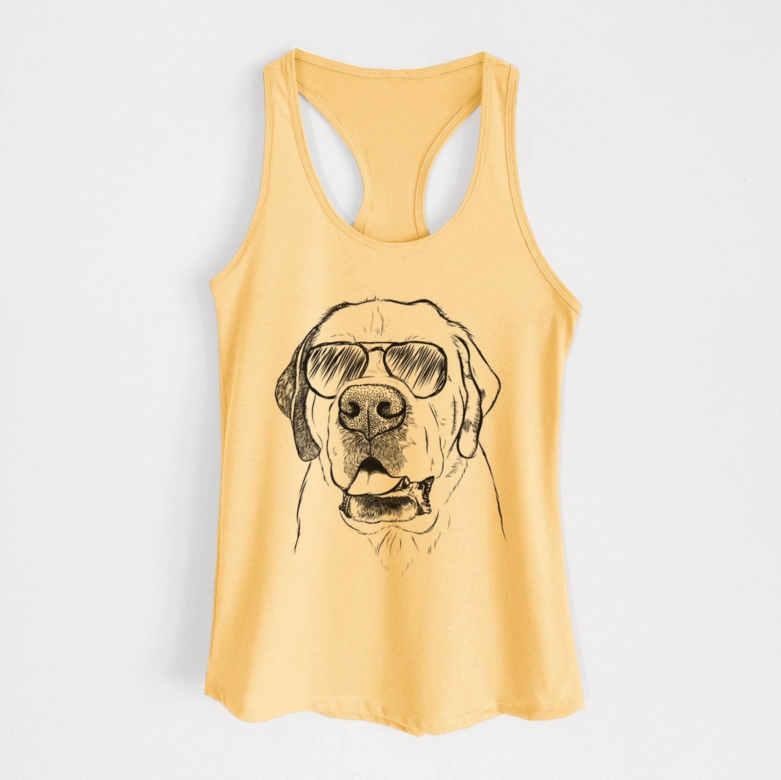 Hand-drawn sketch of Wendy the Saint Bernard wearing aviator sunglasses on a Banana Cream Women's racerback tanktop