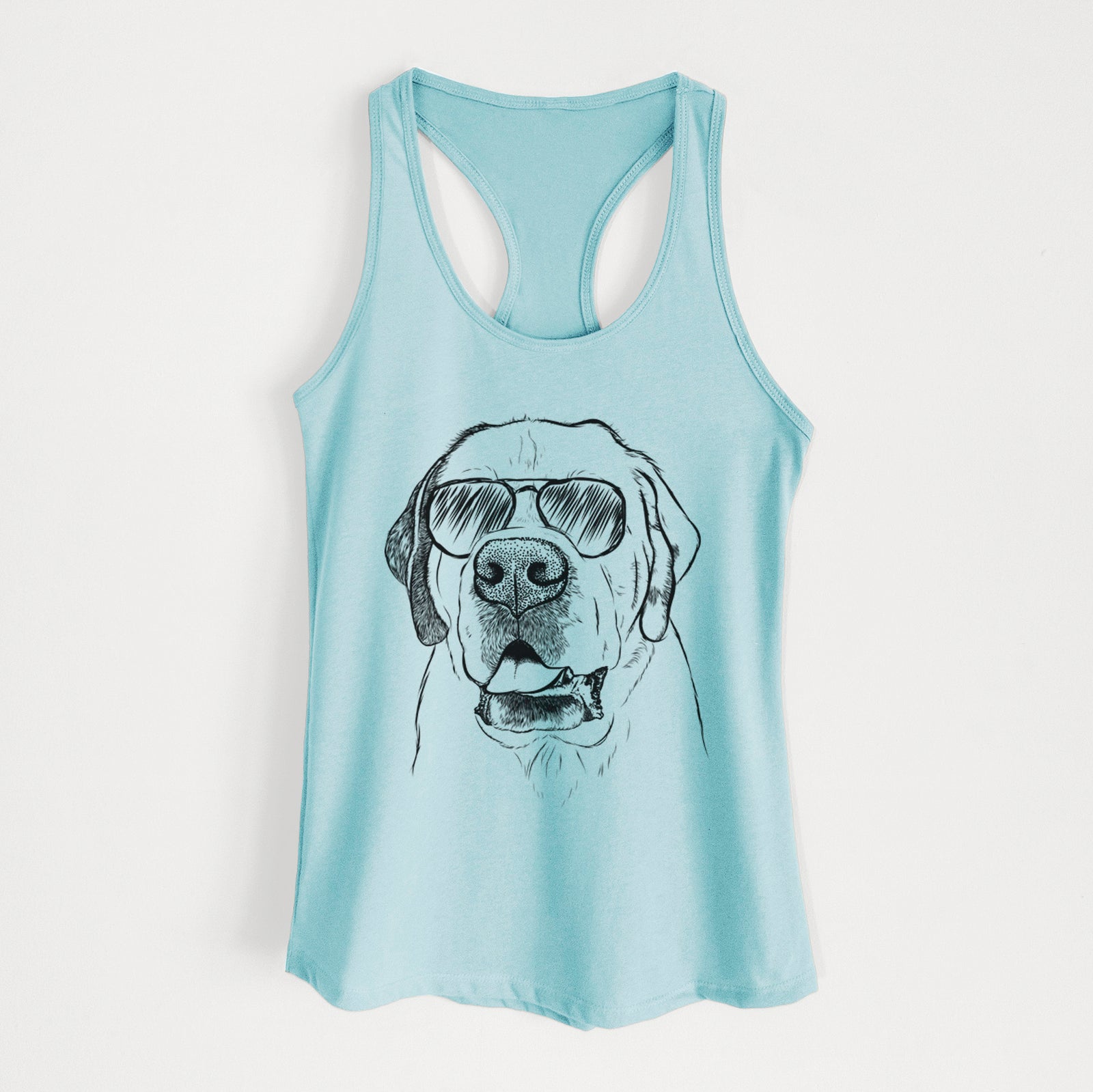Hand-drawn sketch of Wendy the Saint Bernard wearing aviator sunglasses on a Cancun Blue Women's racerback tanktop