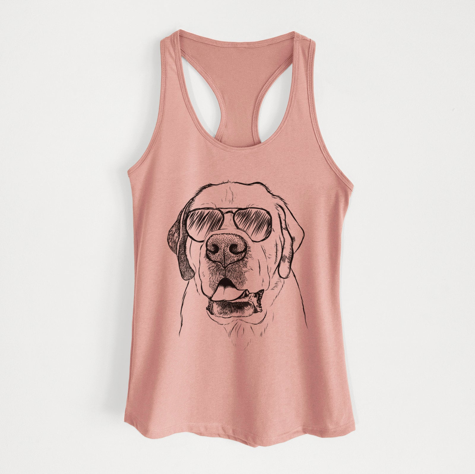 Hand-drawn sketch of Wendy the Saint Bernard wearing aviator sunglasses on a Desert Pink Women's racerback tanktop