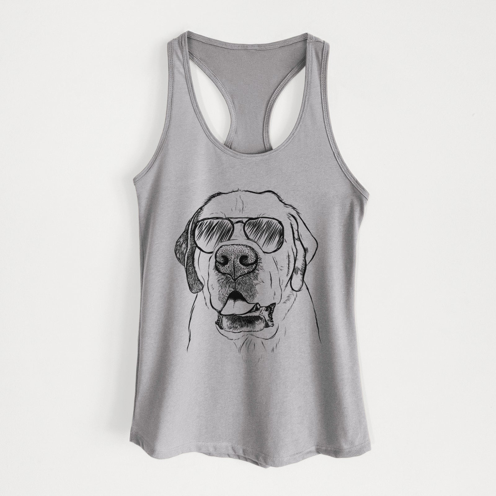 Hand-drawn sketch of Wendy the Saint Bernard wearing aviator sunglasses on a Heather Grey Women's racerback tanktop