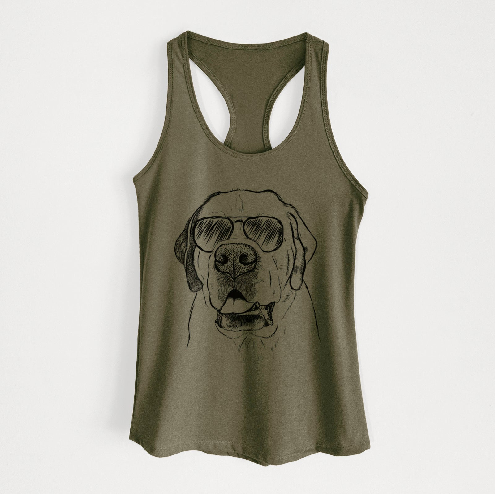 Hand-drawn sketch of Wendy the Saint Bernard wearing aviator sunglasses on a Military Green Women's racerback tanktop
