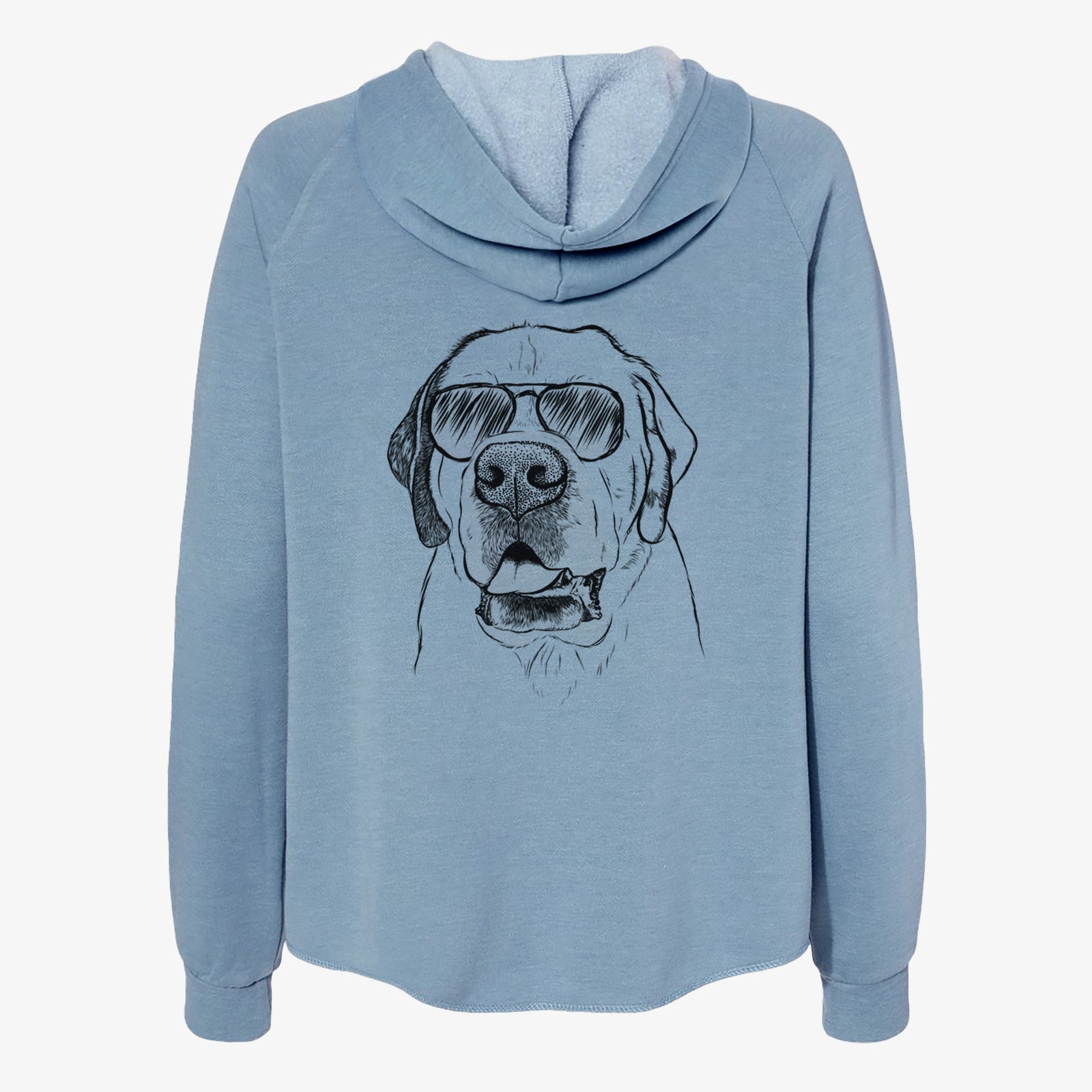 Hand-drawn sketch of Wendy the Saint Bernard wearing aviator sunglasses on a Misty Blue Women's cali wave zip-up sweatshirt