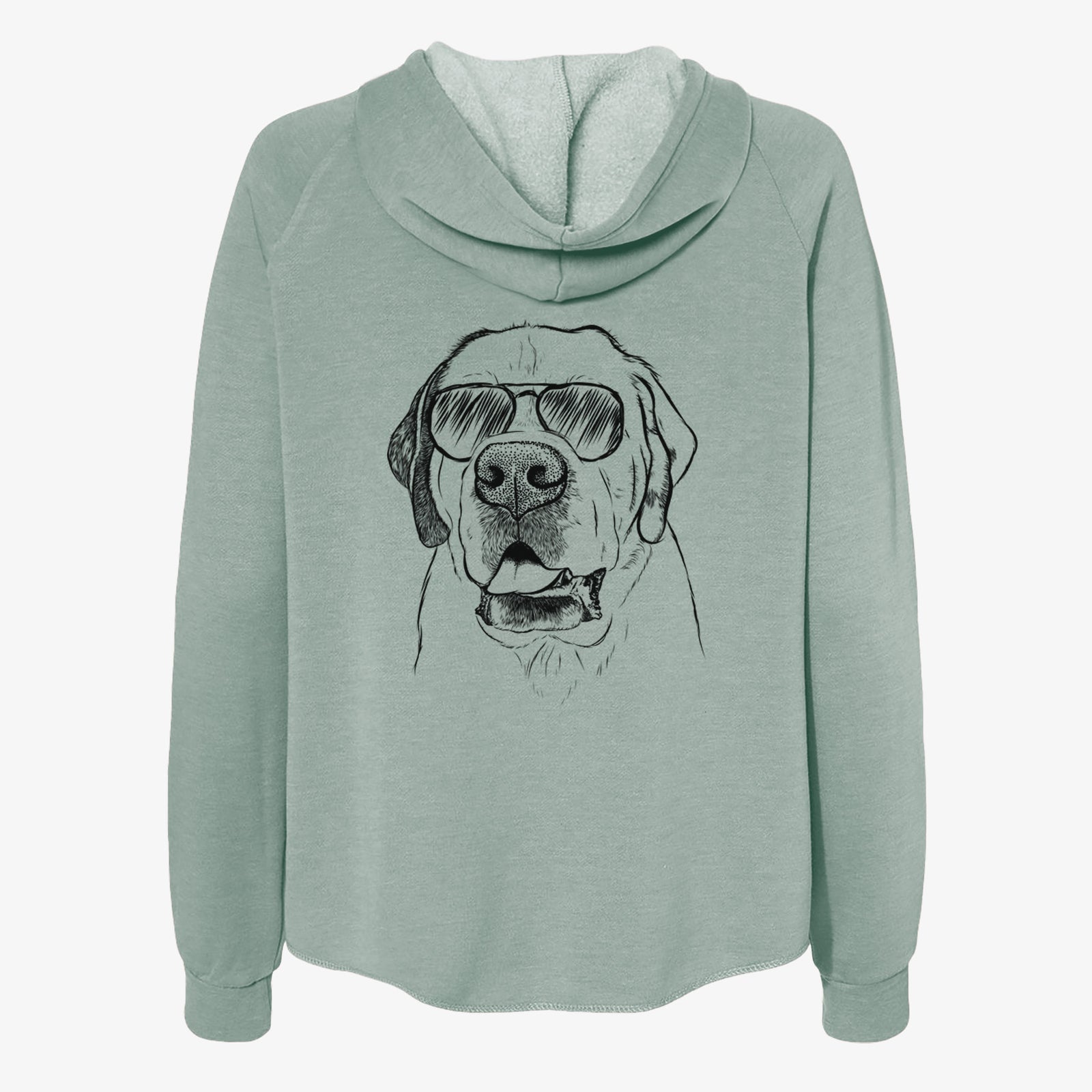 Hand-drawn sketch of Wendy the Saint Bernard wearing aviator sunglasses on a Sage Women's cali wave zip-up sweatshirt