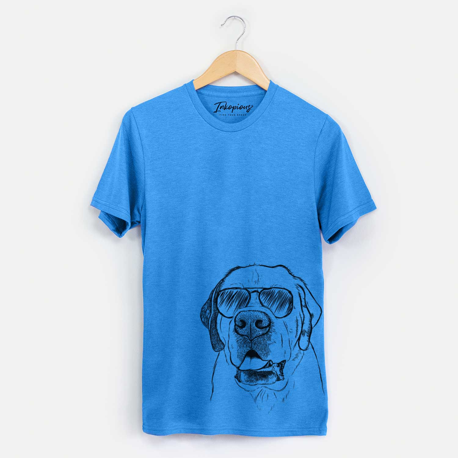 Hand-drawn sketch of Wendy the Saint Bernard wearing aviator sunglasses on a Blue Unisex crewneck