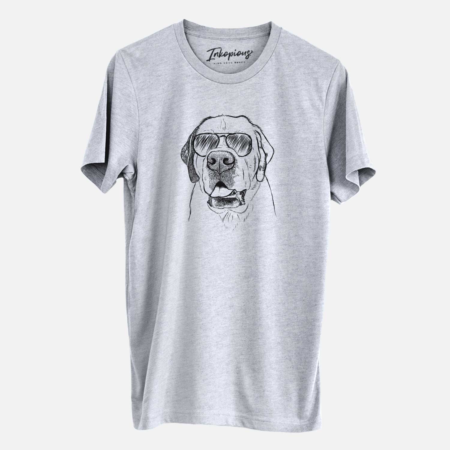 Hand-drawn sketch of Wendy the Saint Bernard wearing aviator sunglasses on a Grey Unisex crewneck