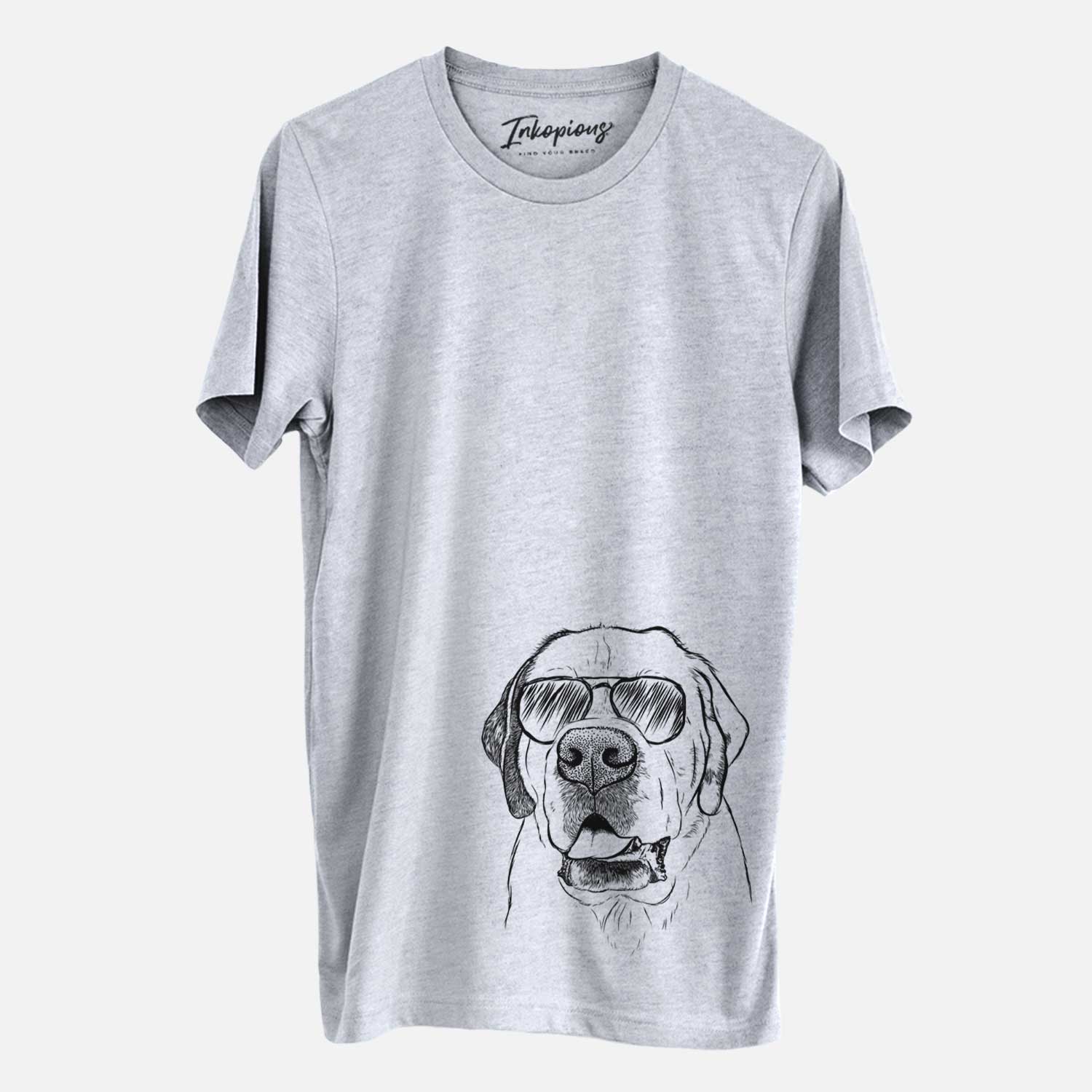 Hand-drawn sketch of Wendy the Saint Bernard wearing aviator sunglasses on a Grey Unisex crewneck