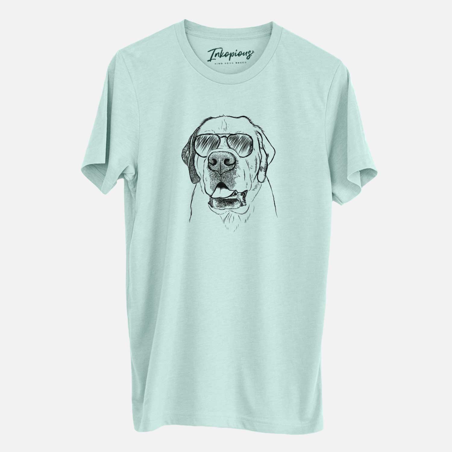 Hand-drawn sketch of Wendy the Saint Bernard wearing aviator sunglasses on a Heather Sage Unisex crewneck