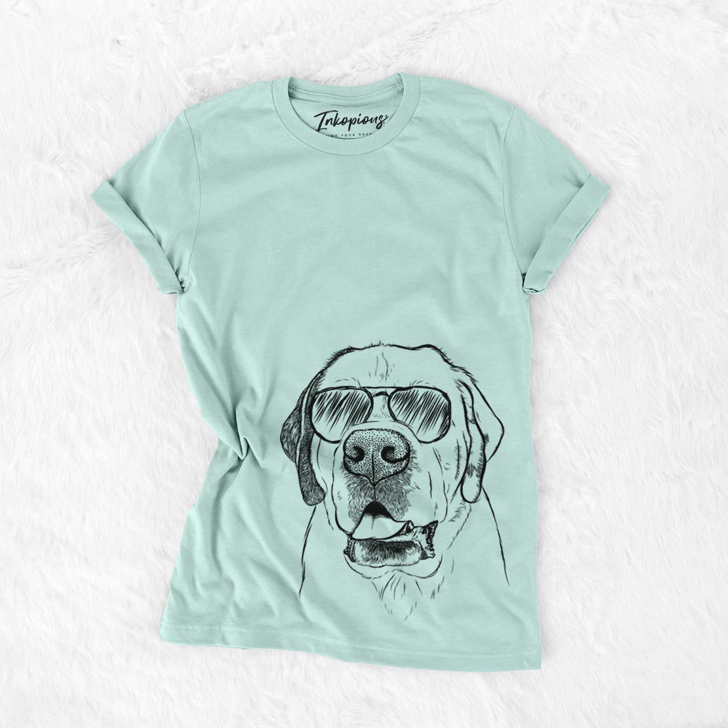 Hand-drawn sketch of Wendy the Saint Bernard wearing aviator sunglasses on a Heather Sage Unisex crewneck