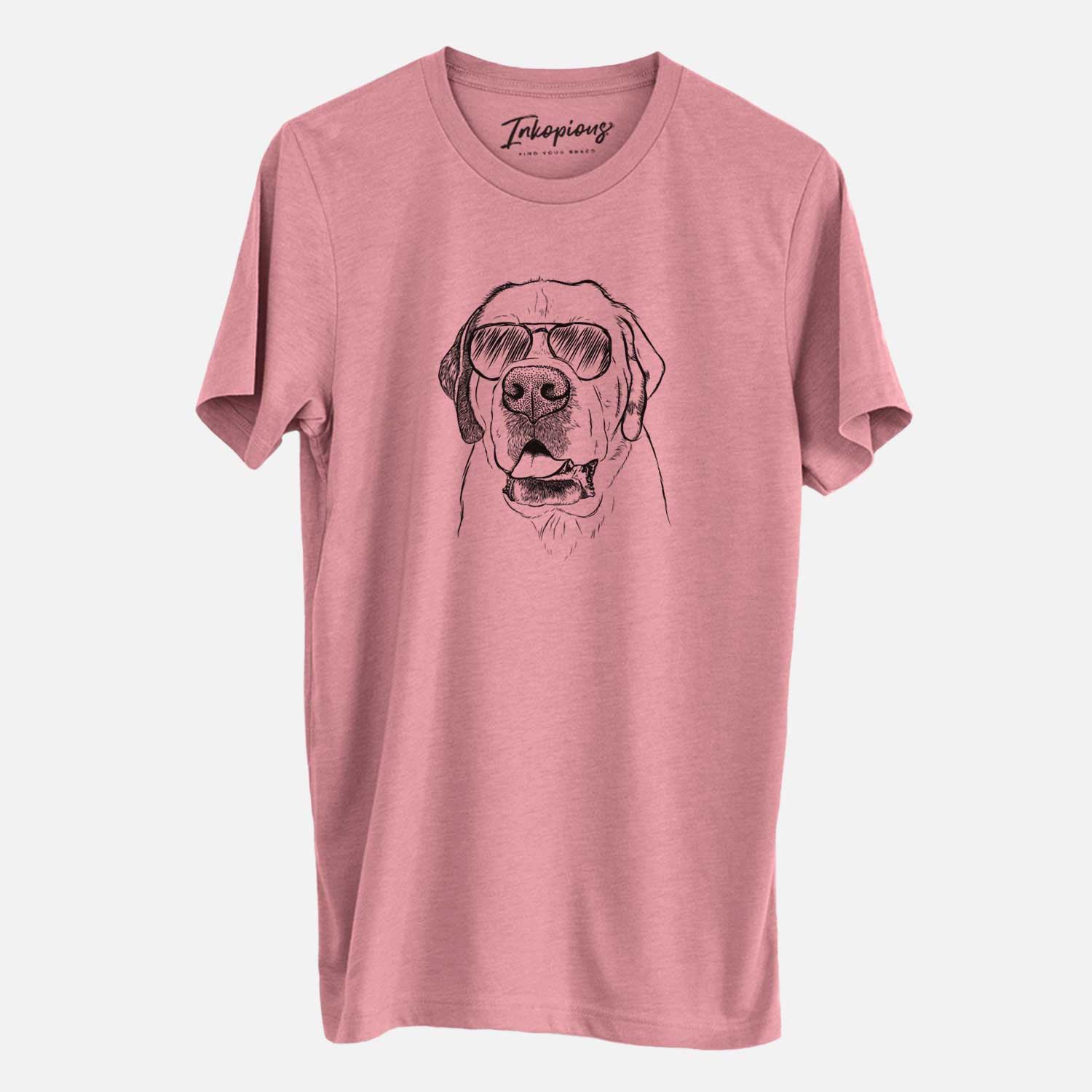 Hand-drawn sketch of Wendy the Saint Bernard wearing aviator sunglasses on a Mauve Unisex crewneck