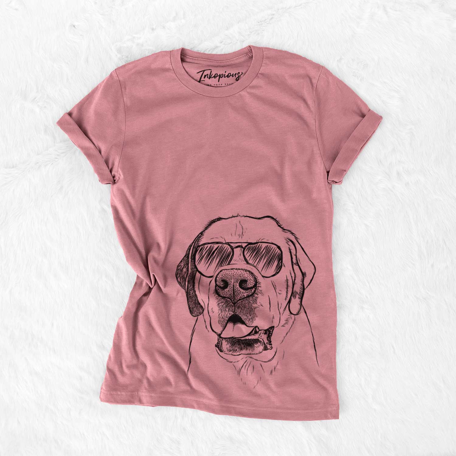 Hand-drawn sketch of Wendy the Saint Bernard wearing aviator sunglasses on a Mauve Unisex crewneck