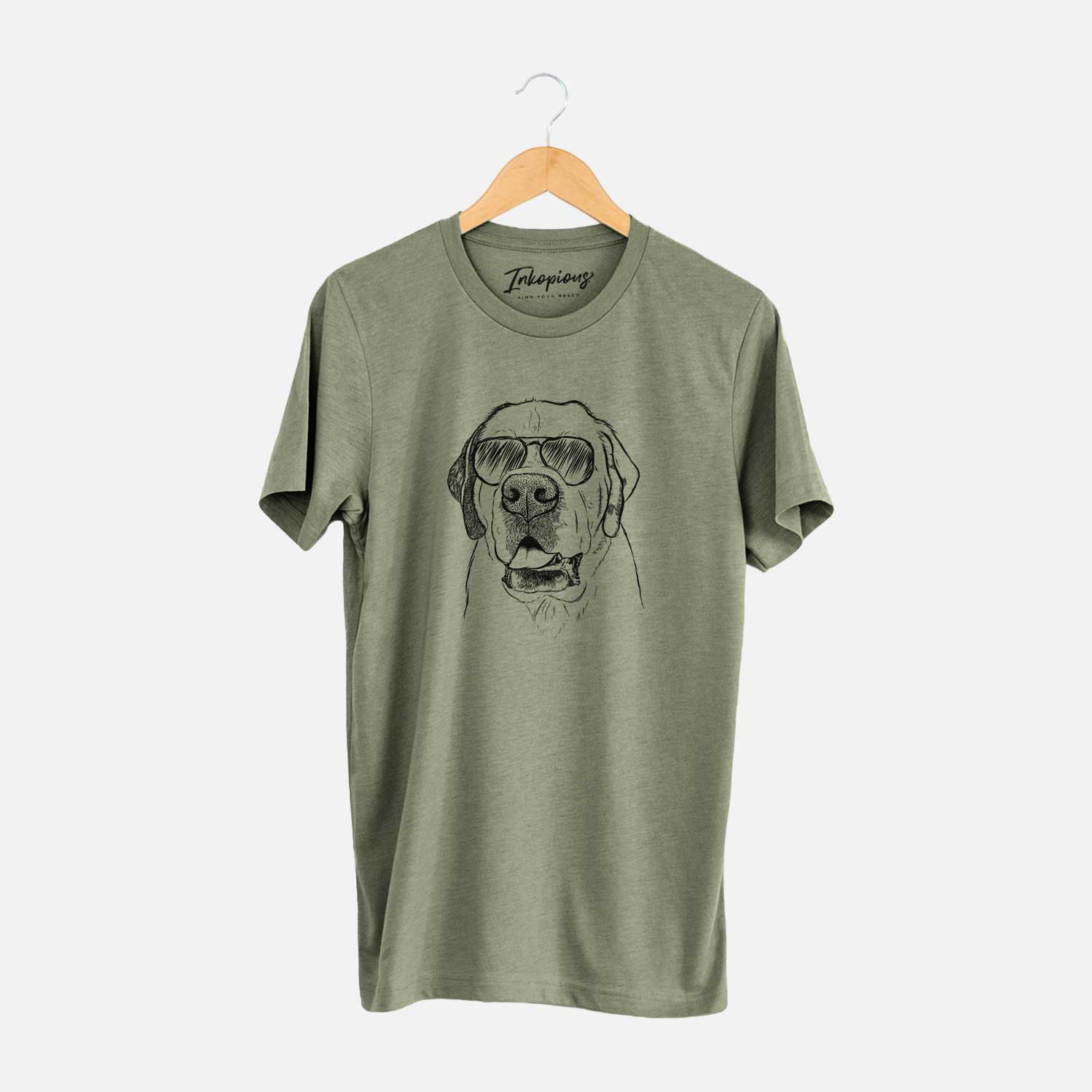 Hand-drawn sketch of Wendy the Saint Bernard wearing aviator sunglasses on an Olive Unisex crewneck