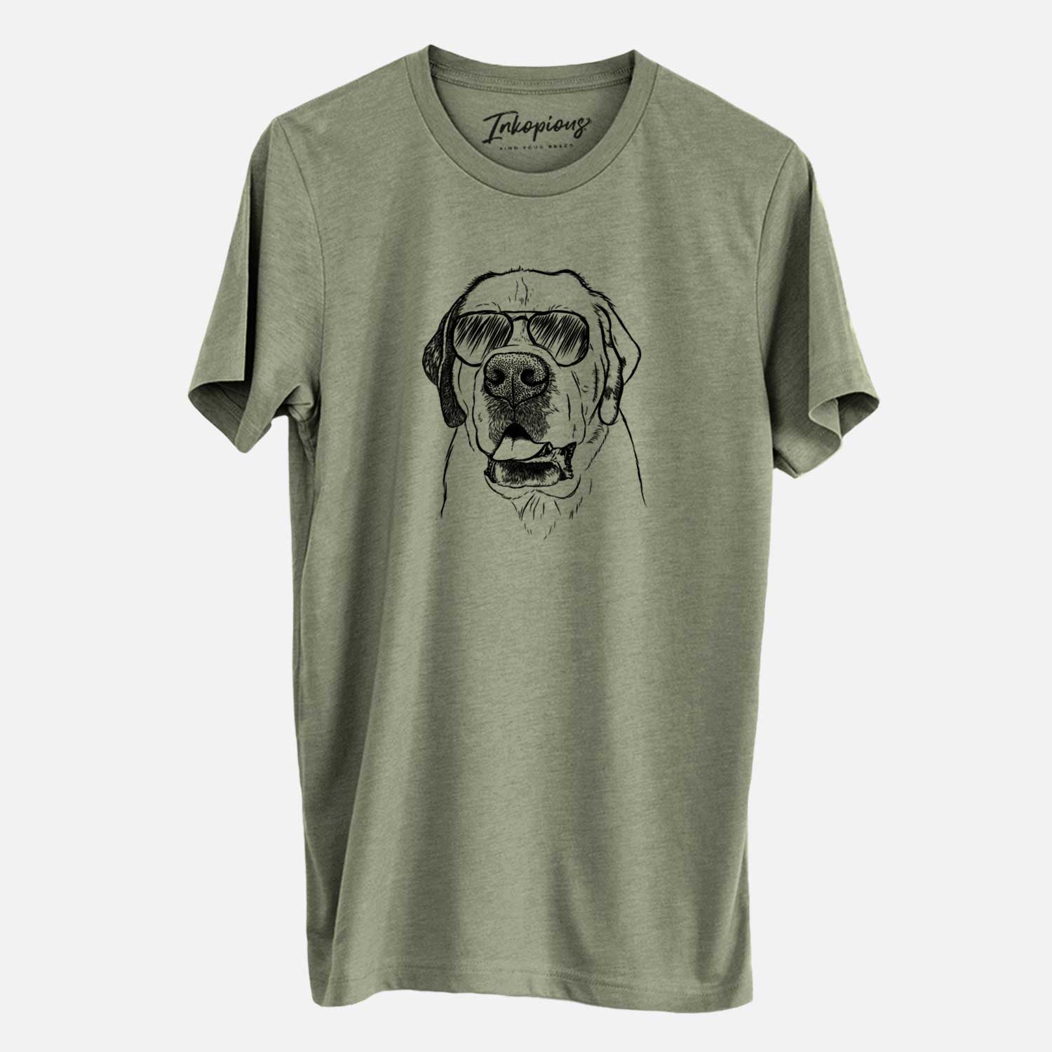 Hand-drawn sketch of Wendy the Saint Bernard wearing aviator sunglasses on an Olive Unisex crewneck
