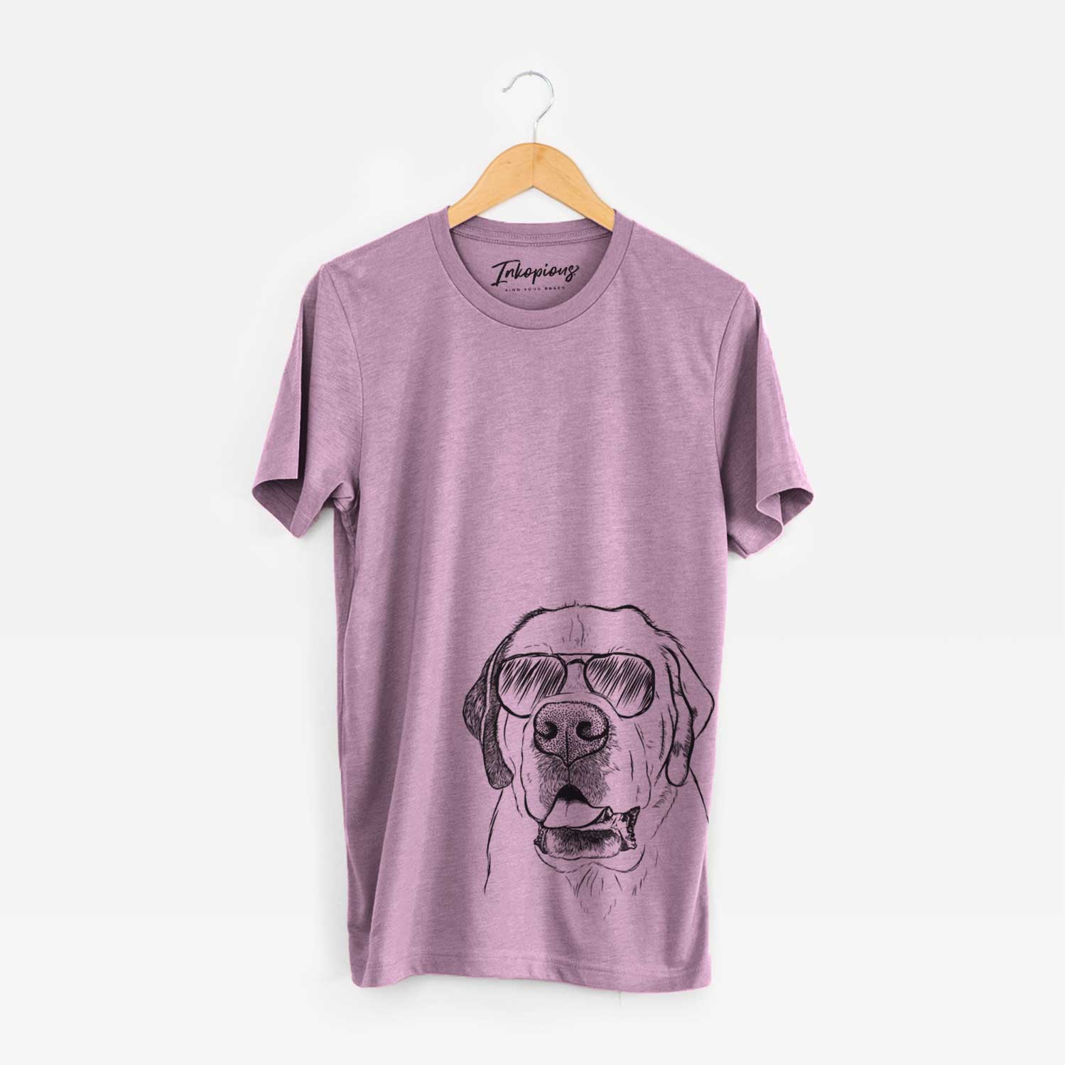 Hand-drawn sketch of Wendy the Saint Bernard wearing aviator sunglasses on an Orchid Unisex crewneck
