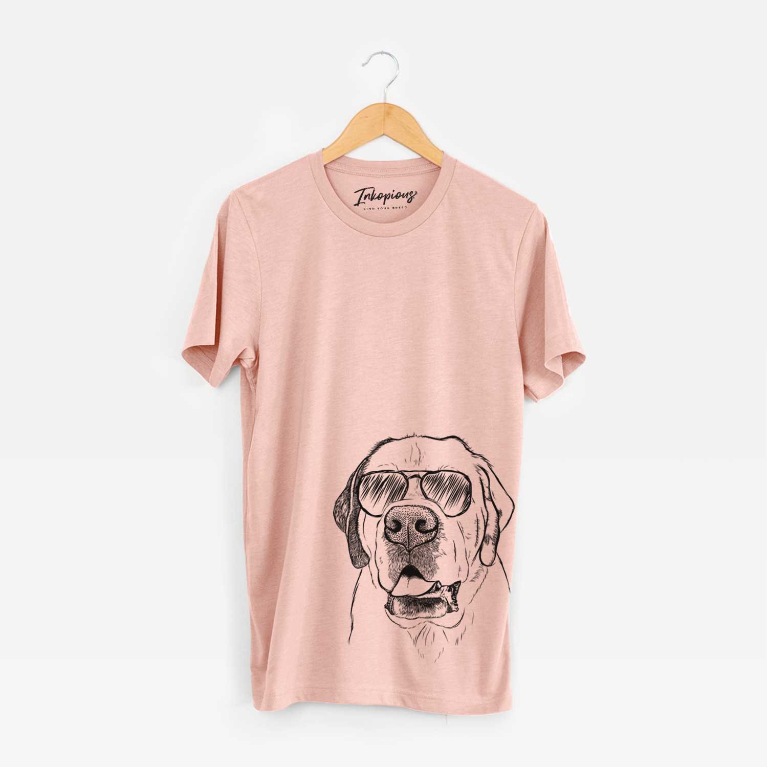 Hand-drawn sketch of Wendy the Saint Bernard wearing aviator sunglasses on a Peach Unisex crewneck