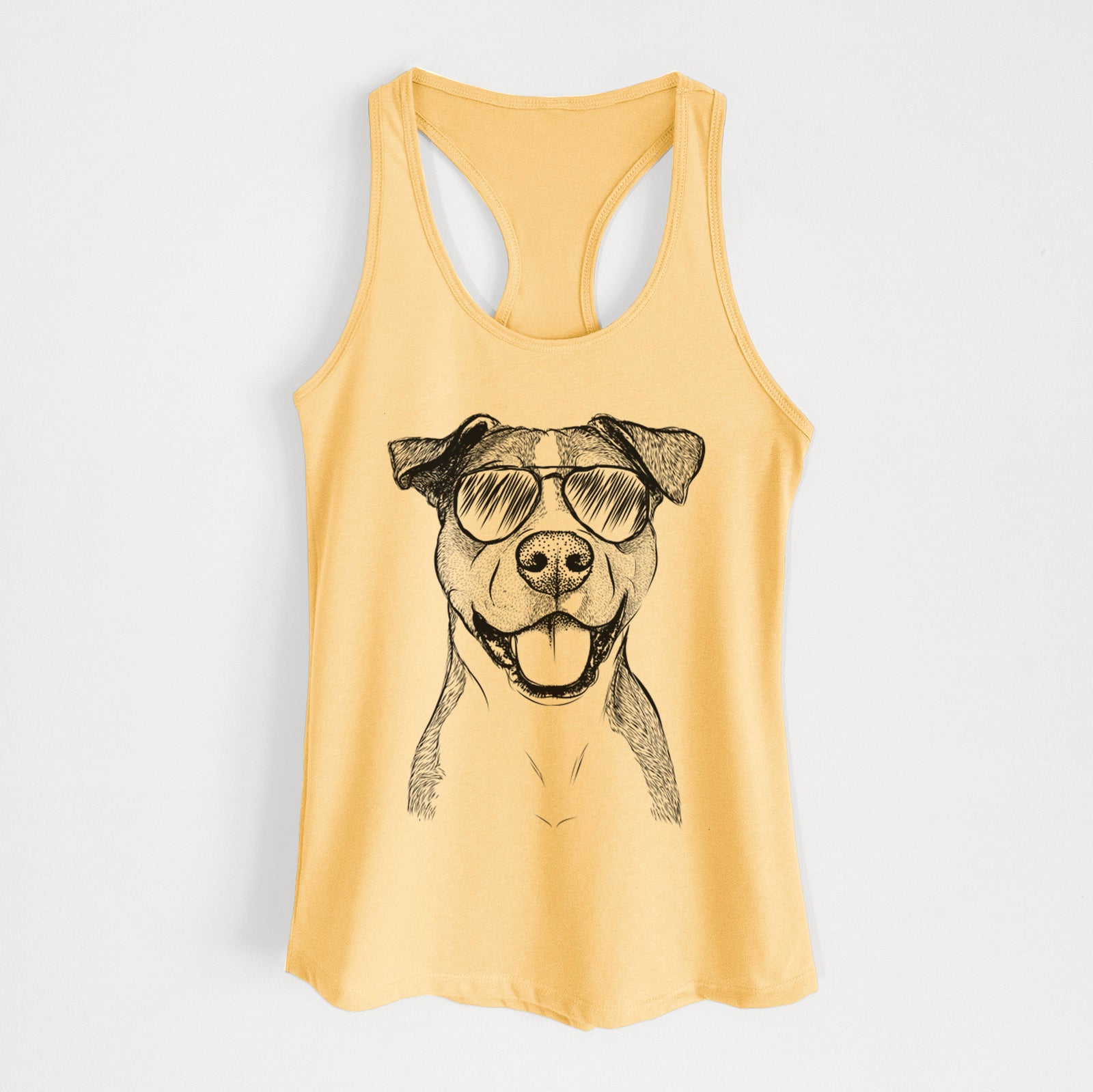 Hand-drawn sketch of Wendy the Mixed Breed wearing aviator sunglasses on a Banana Cream Women's racerback tanktop