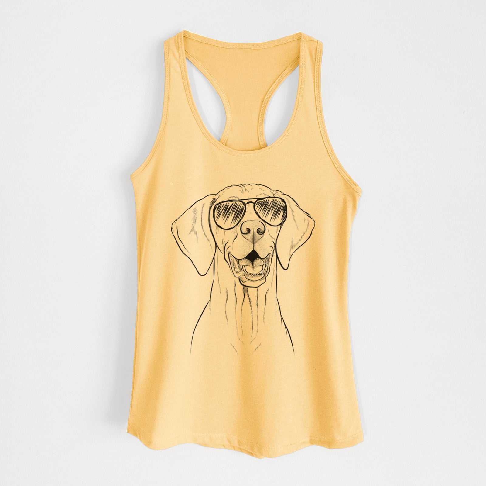 Hand-drawn sketch of Wesley the Vizsla wearing aviator sunglasses on a Banana Cream Women's racerback tanktop