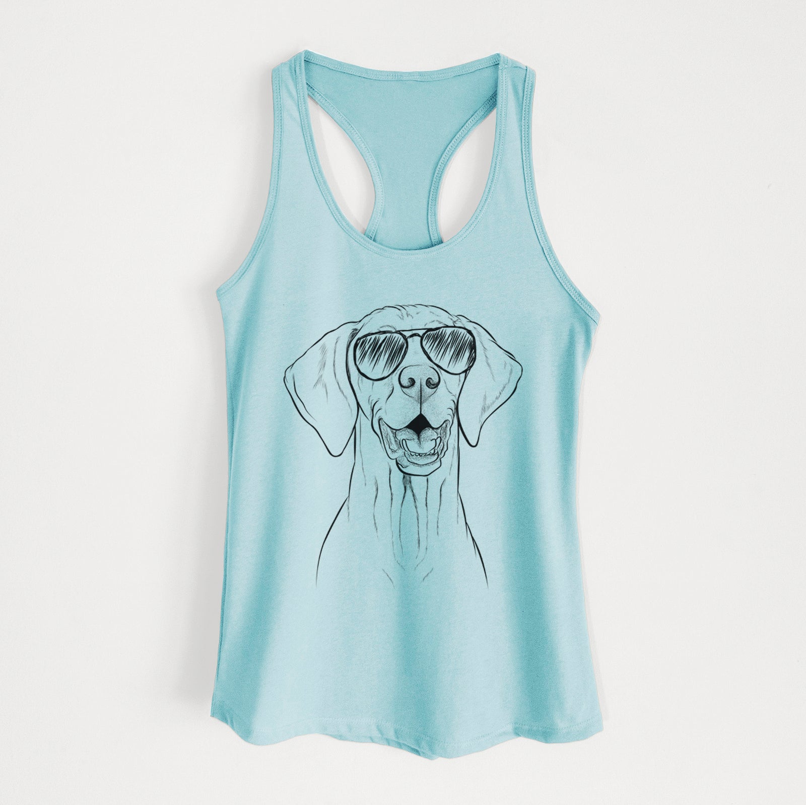 Hand-drawn sketch of Wesley the Vizsla wearing aviator sunglasses on a Cancun Blue Women's racerback tanktop