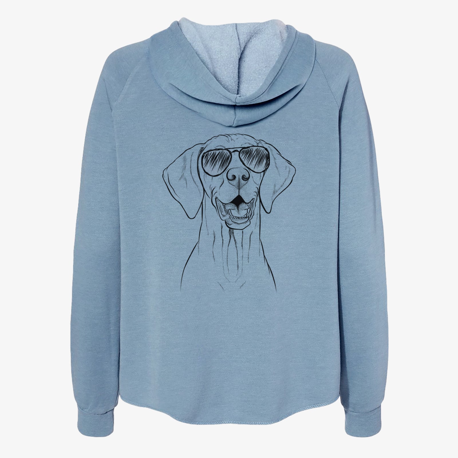 Hand-drawn sketch of Wesley the Vizsla wearing aviator sunglasses on a Misty Blue Women's cali wave zip-up sweatshirt