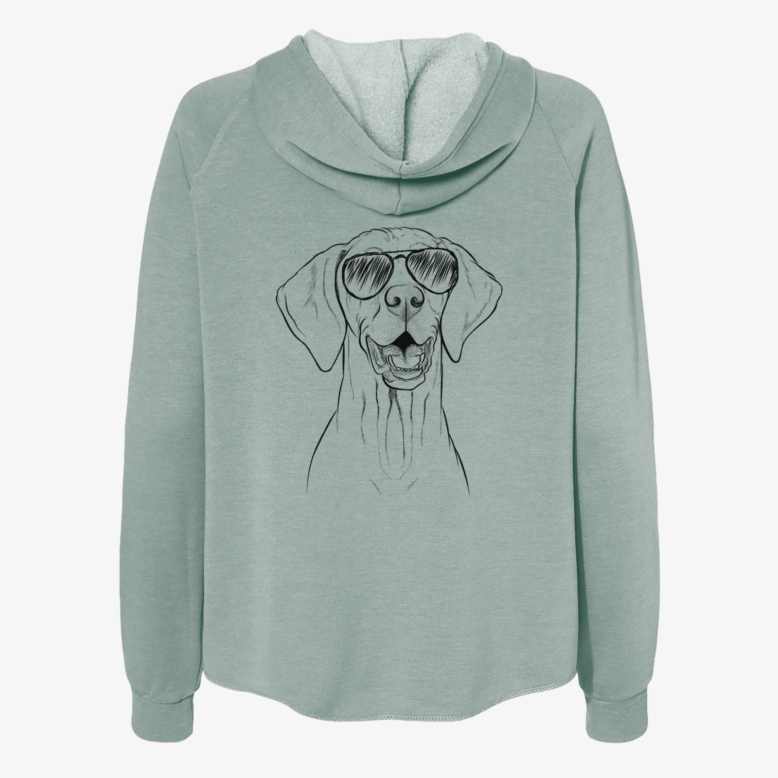 Hand-drawn sketch of Wesley the Vizsla wearing aviator sunglasses on a Sage Women's cali wave zip-up sweatshirt