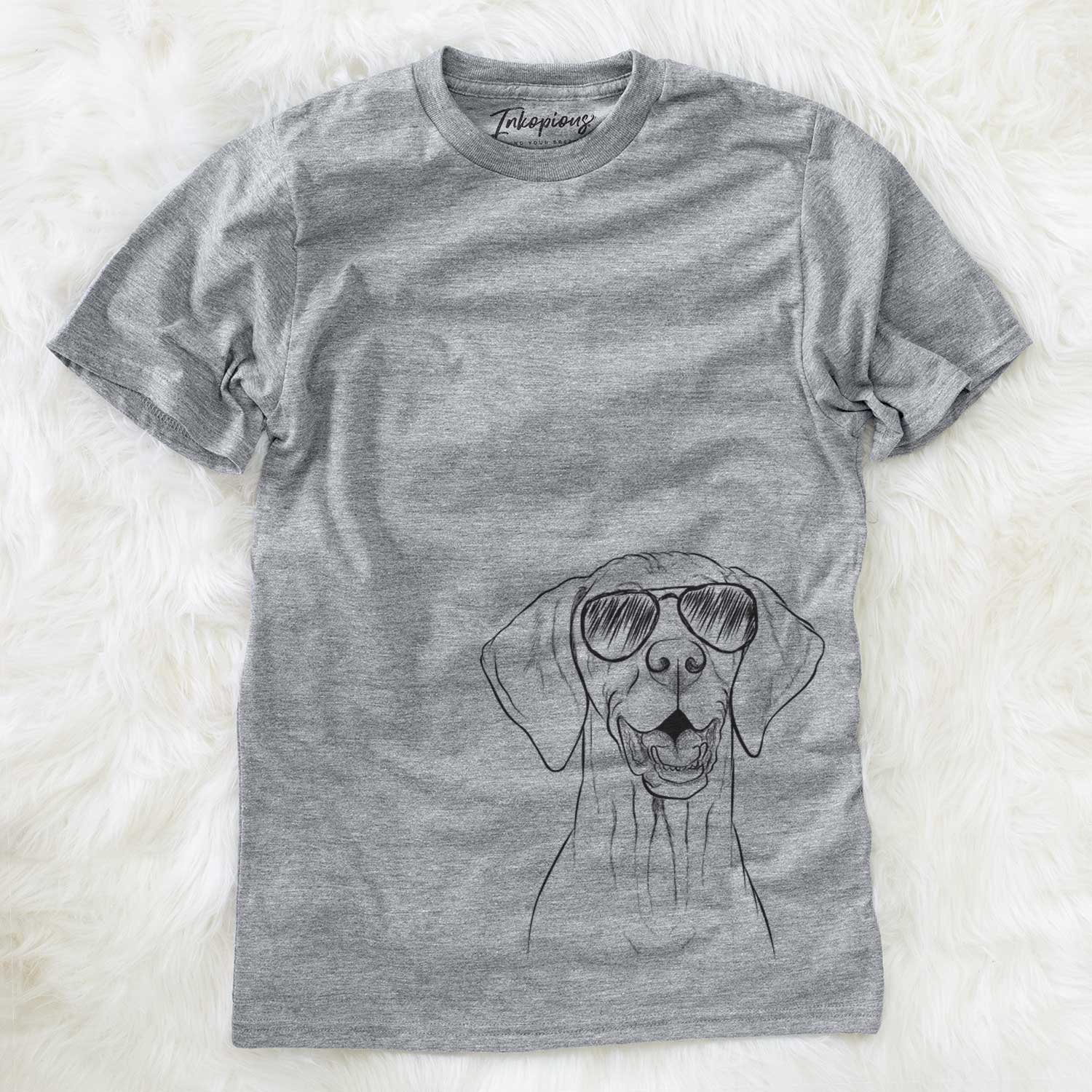 Hand-drawn sketch of Wesley the Vizsla wearing aviator sunglasses on a Grey Unisex crewneck