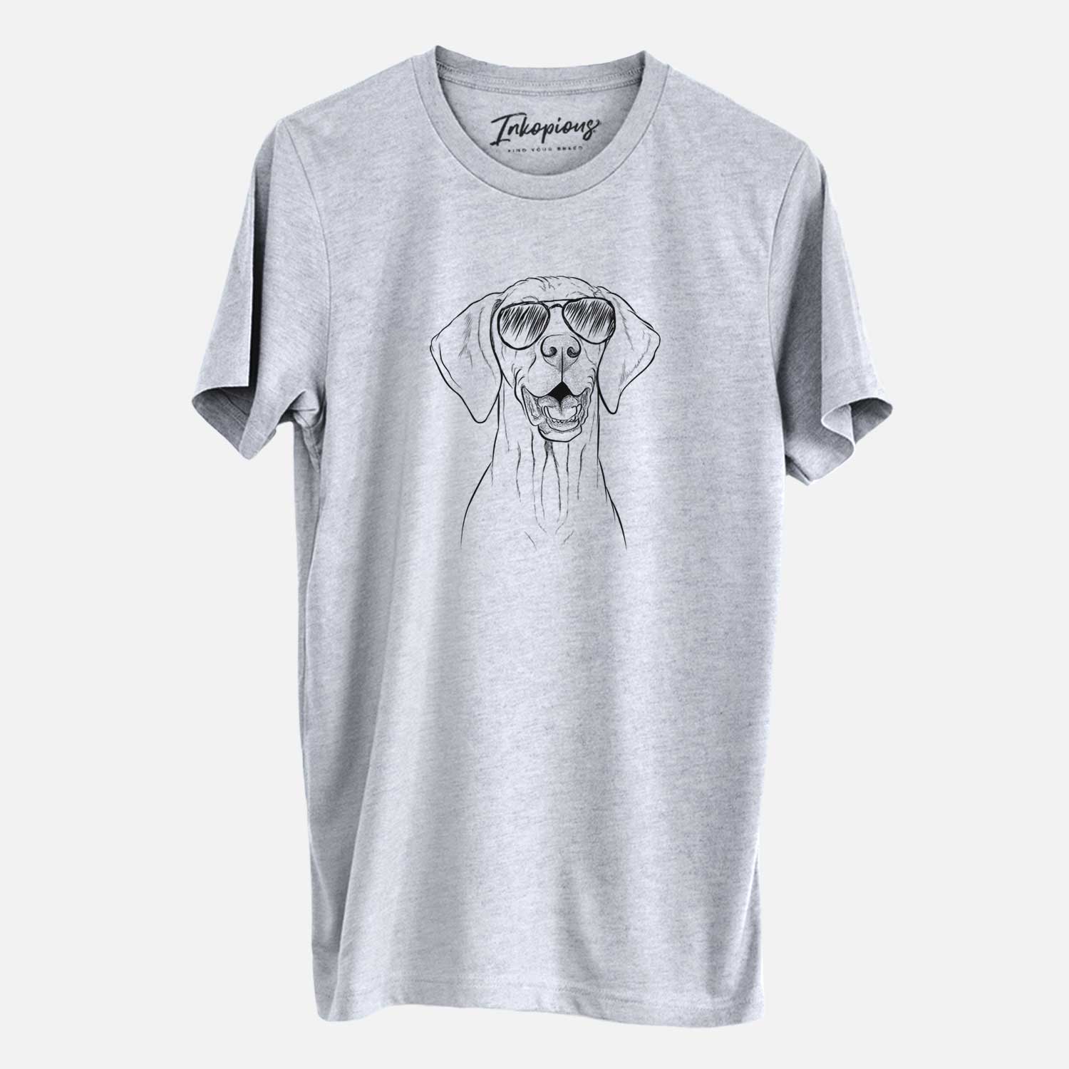Hand-drawn sketch of Wesley the Vizsla wearing aviator sunglasses on a Grey Unisex crewneck