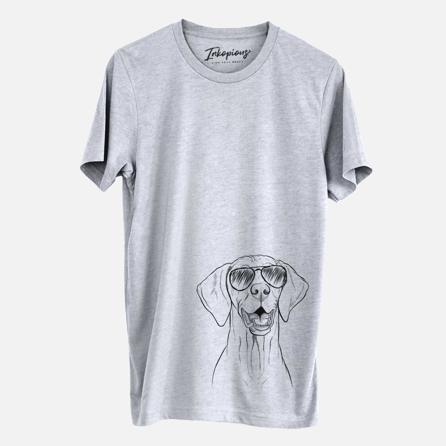 Hand-drawn sketch of Wesley the Vizsla wearing aviator sunglasses on a Grey Unisex crewneck