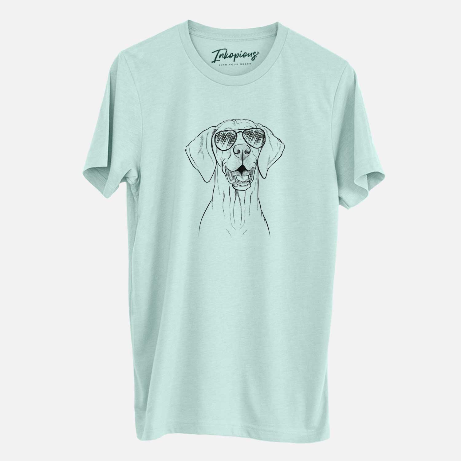Hand-drawn sketch of Wesley the Vizsla wearing aviator sunglasses on a Heather Sage Unisex crewneck