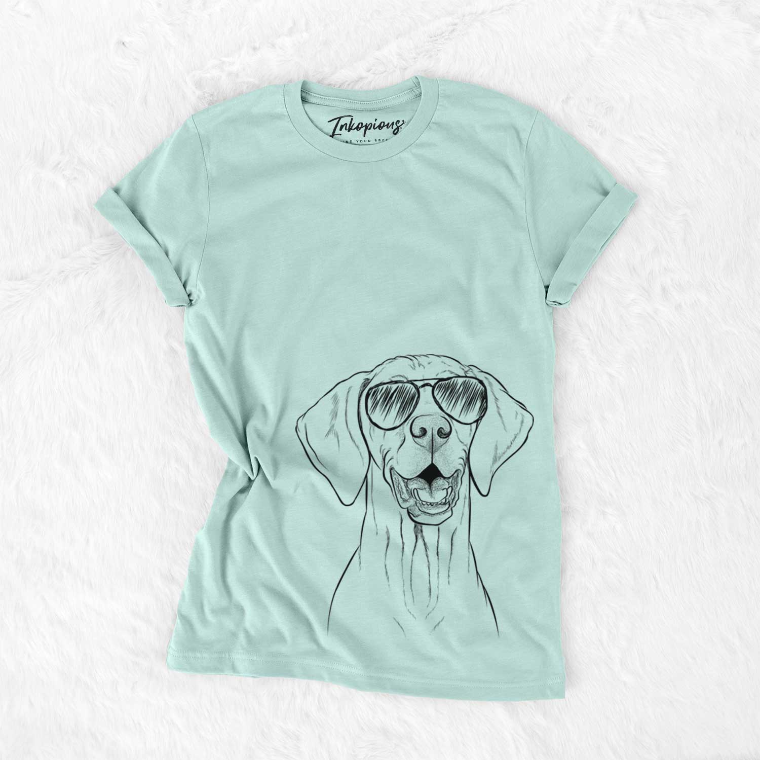 Hand-drawn sketch of Wesley the Vizsla wearing aviator sunglasses on a Heather Sage Unisex crewneck