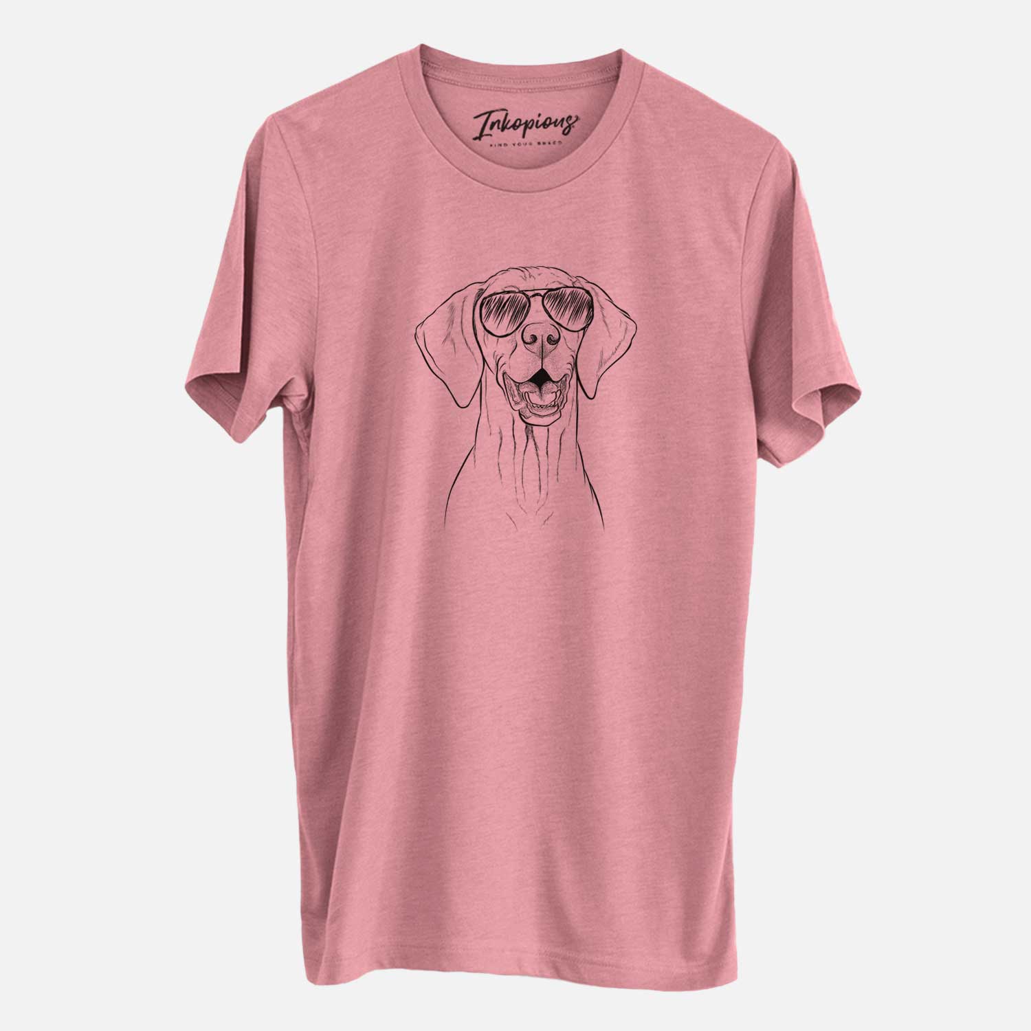 Hand-drawn sketch of Wesley the Vizsla wearing aviator sunglasses on a Mauve Unisex crewneck