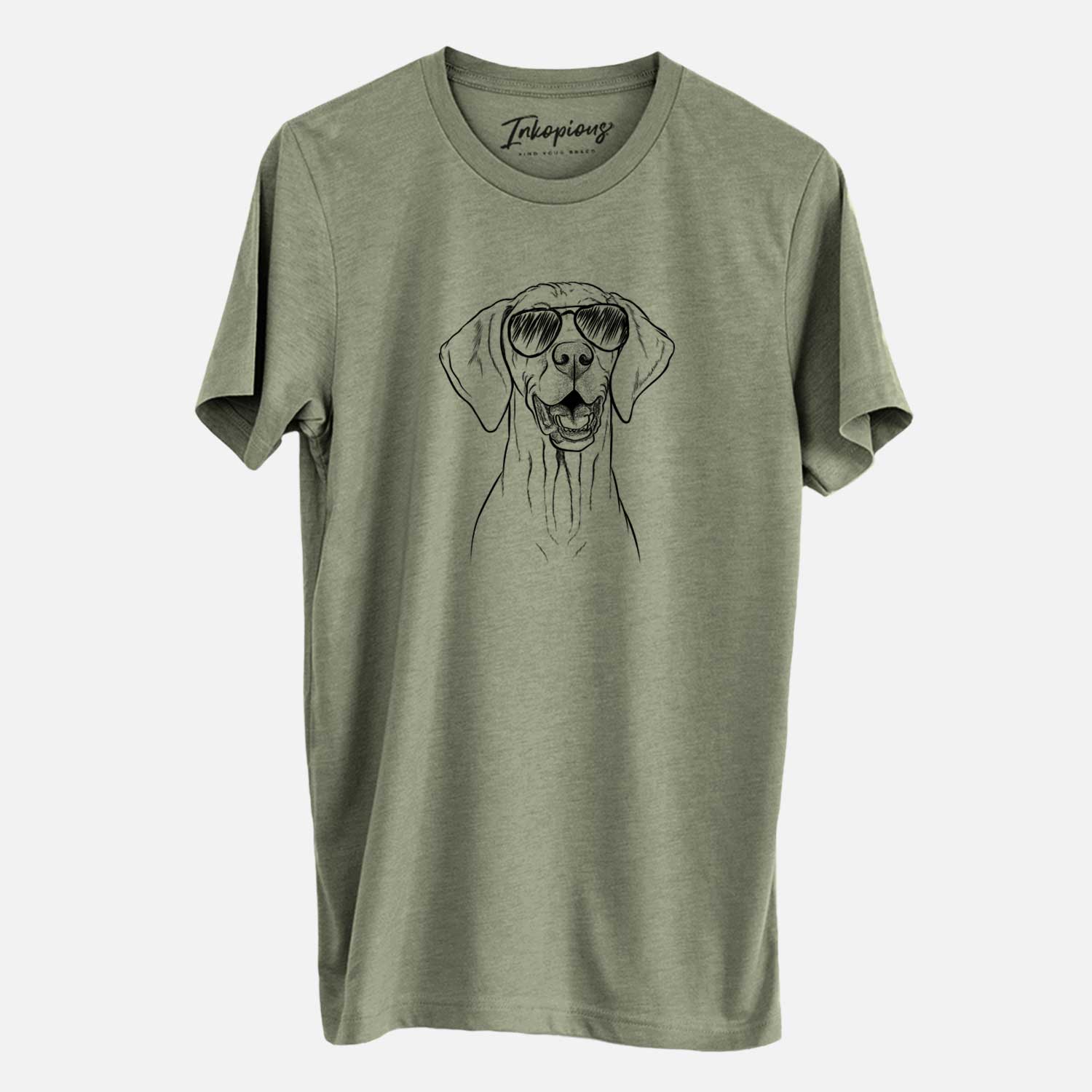 Hand-drawn sketch of Wesley the Vizsla wearing aviator sunglasses on an Olive Unisex crewneck