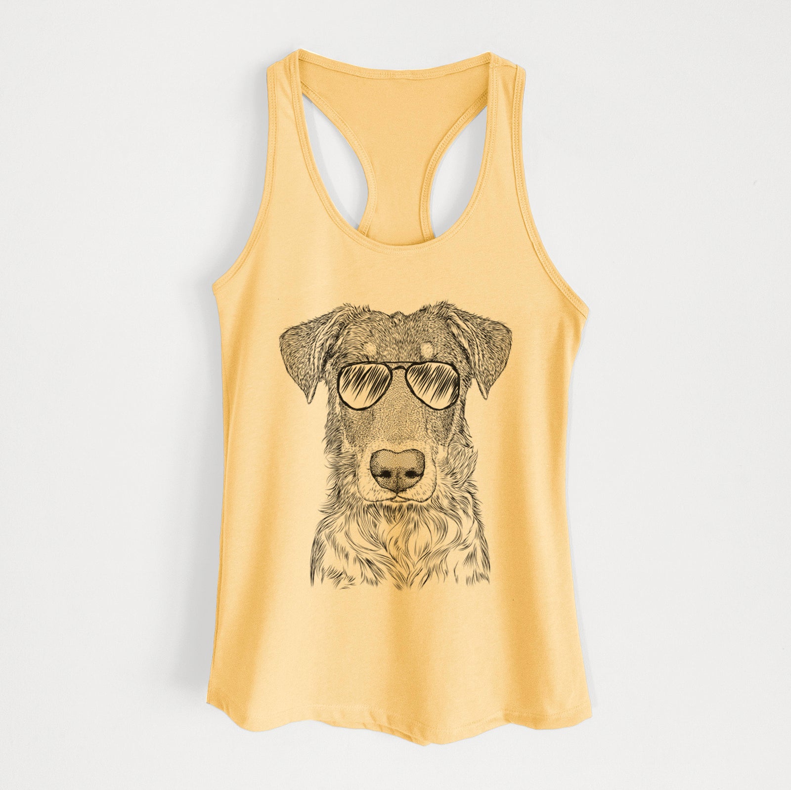 Hand-drawn sketch of Wesson the Beauceron wearing aviator sunglasses on a Banana Cream Women's racerback tanktop
