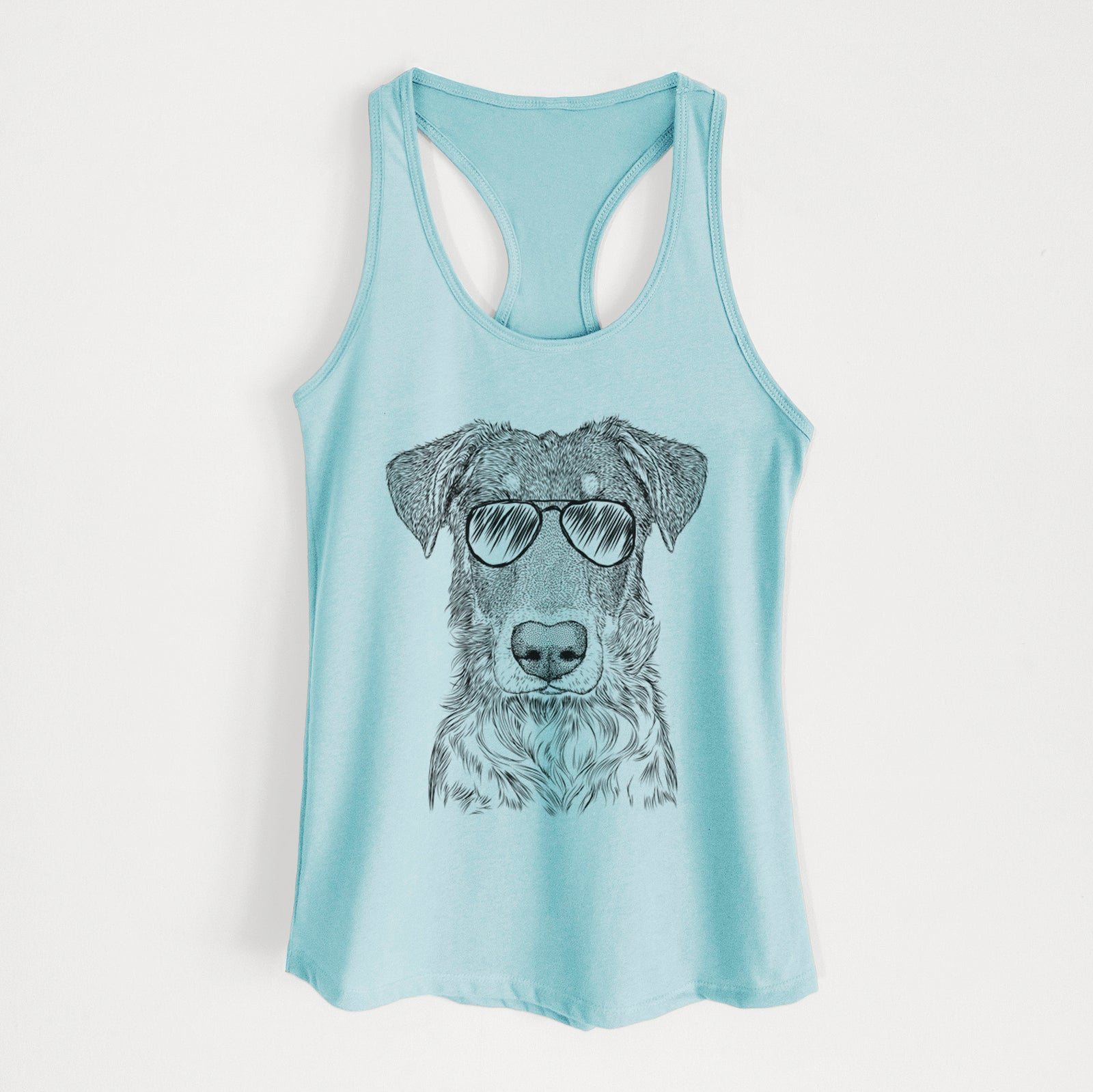 Hand-drawn sketch of Wesson the Beauceron wearing aviator sunglasses on a Cancun Blue Women's racerback tanktop