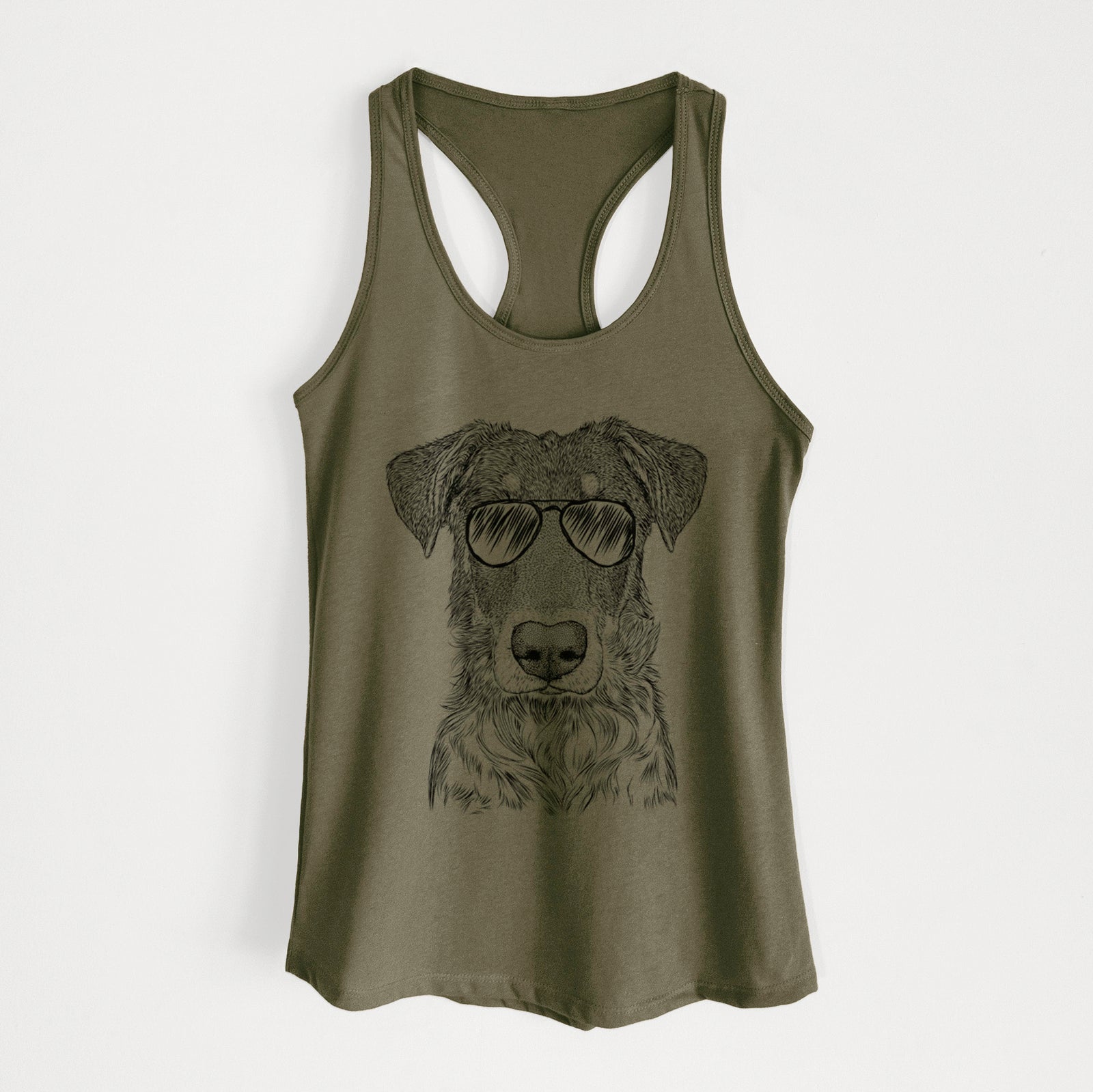 Hand-drawn sketch of Wesson the Beauceron wearing aviator sunglasses on a Military Green Women's racerback tanktop