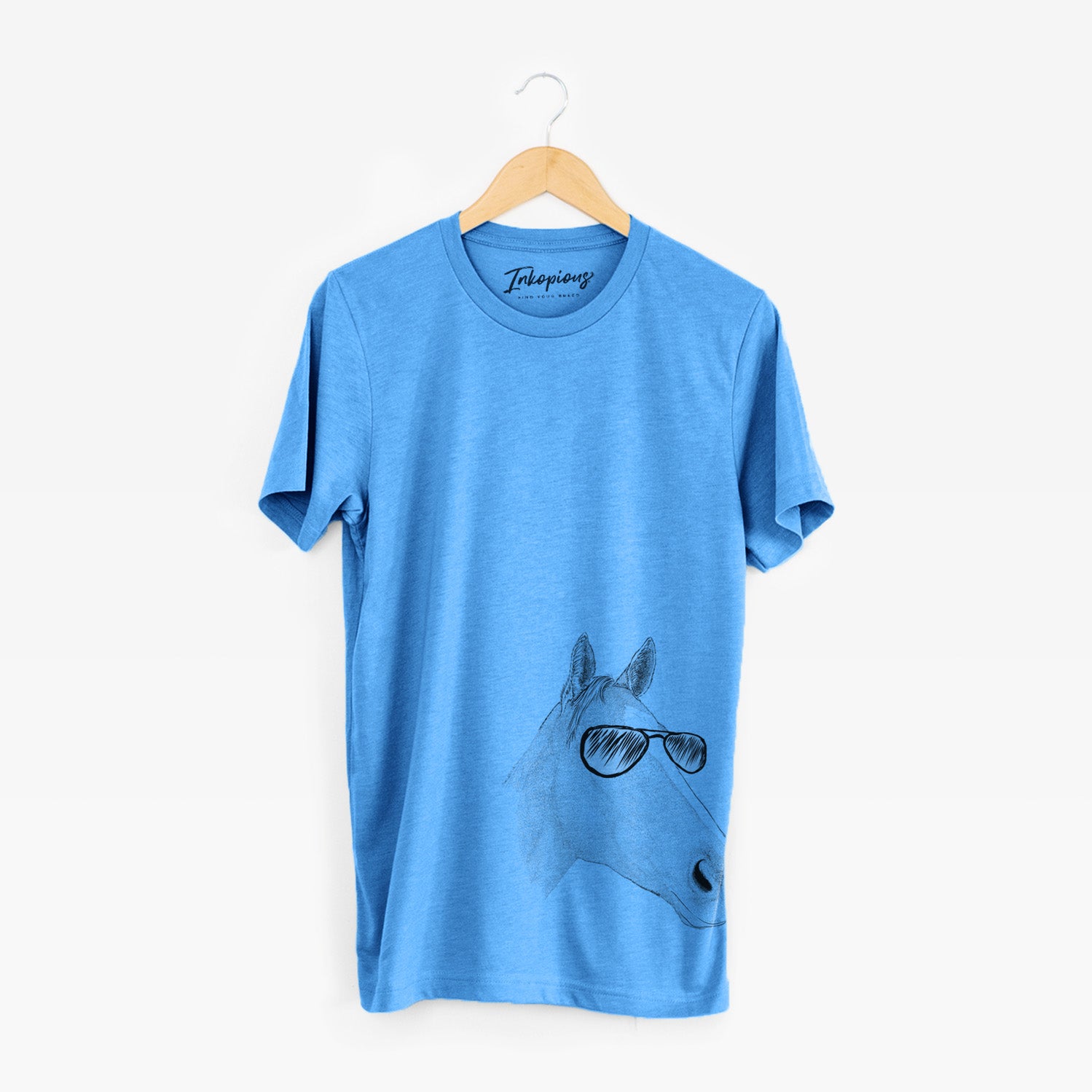 Hand-drawn sketch of Westley the Horse wearing aviator sunglasses on a Blue Unisex crewneck