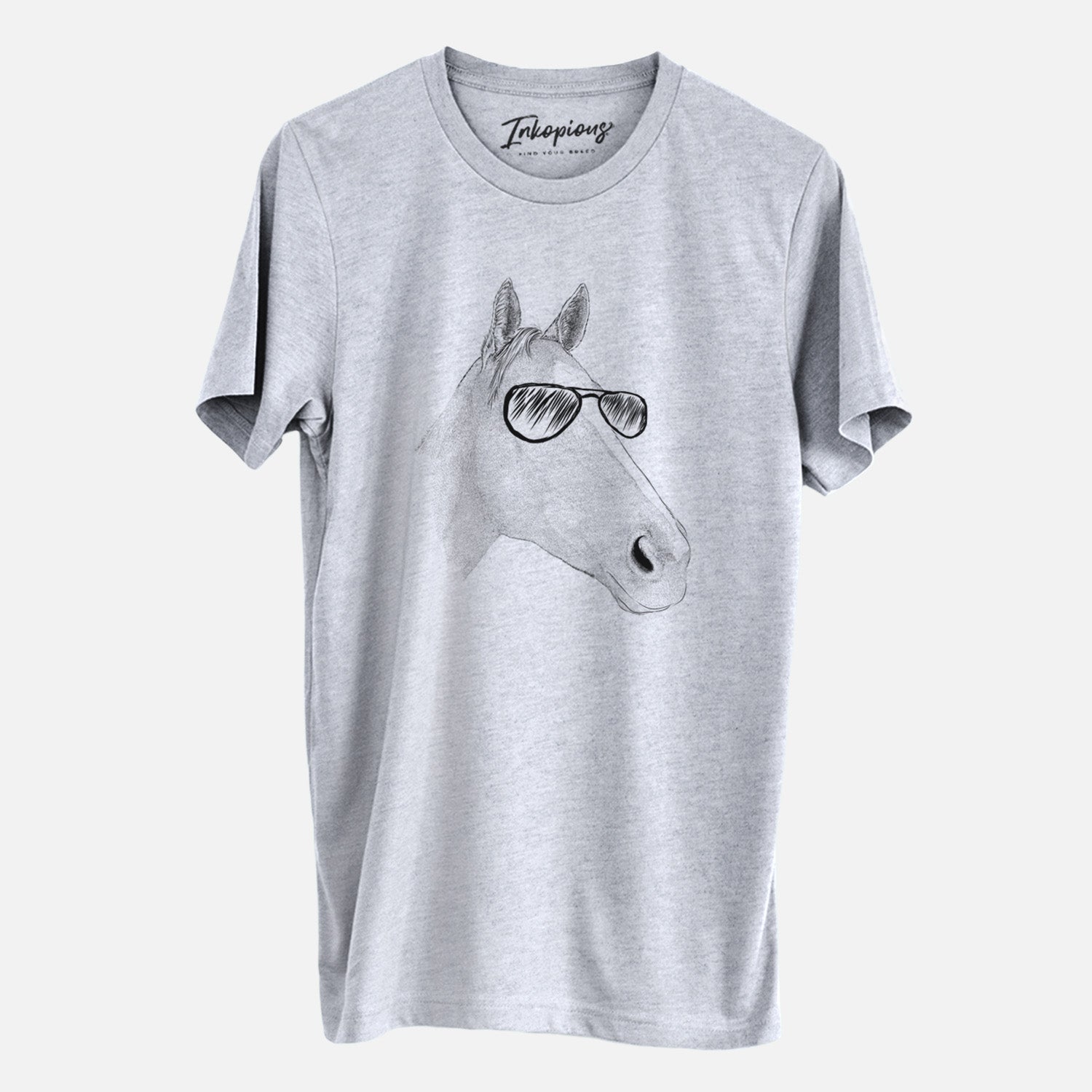 Hand-drawn sketch of Westley the Horse wearing aviator sunglasses on a Grey Unisex crewneck