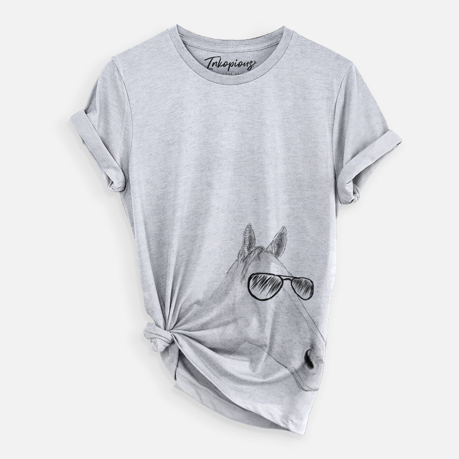 Hand-drawn sketch of Westley the Horse wearing aviator sunglasses on a Grey Unisex crewneck